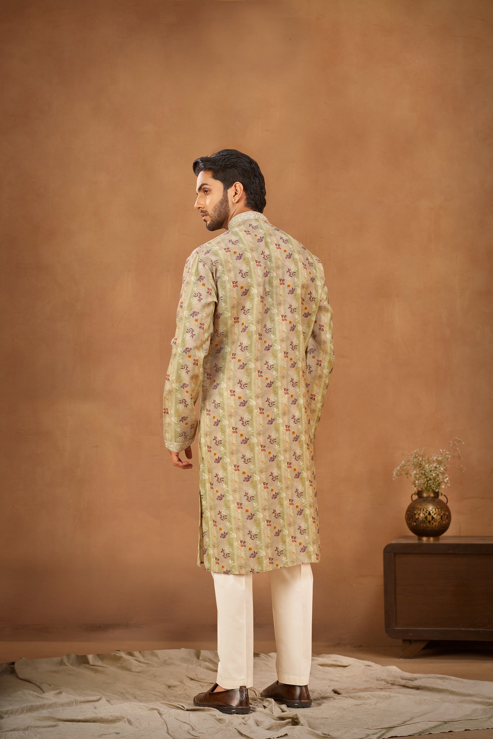 Light Brown Floral Design and Greenish-Yellow Stripes Kurta, Stole with Off-White Pants