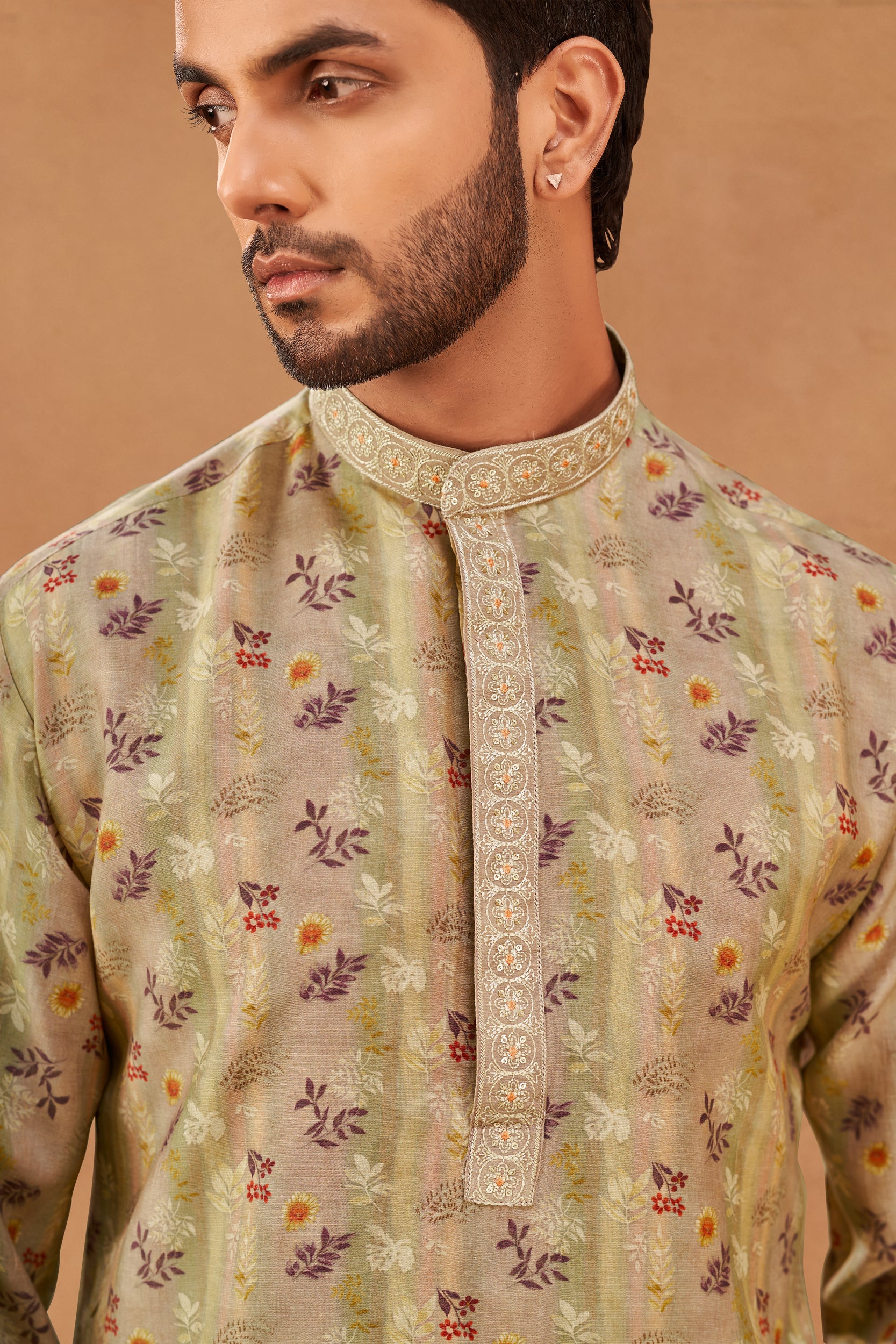 Light Brown Floral Design and Greenish-Yellow Stripes Kurta, Stole with Off-White Pants
