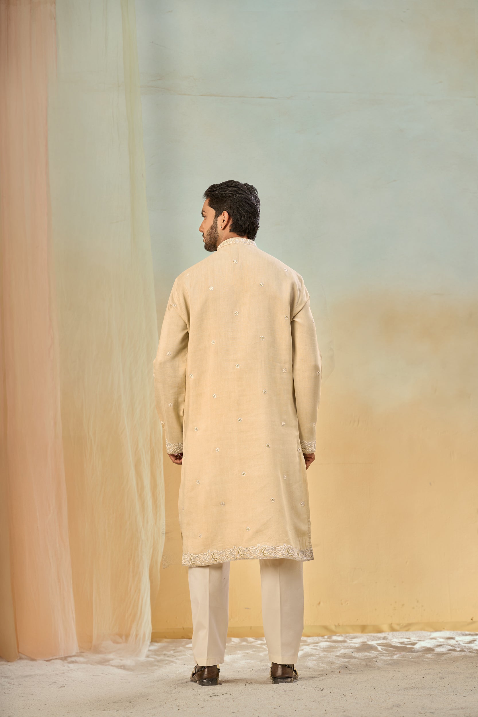 Beige Floral Zari and Self-Toned Embroidery Kurta, Stole with Off-White Pant