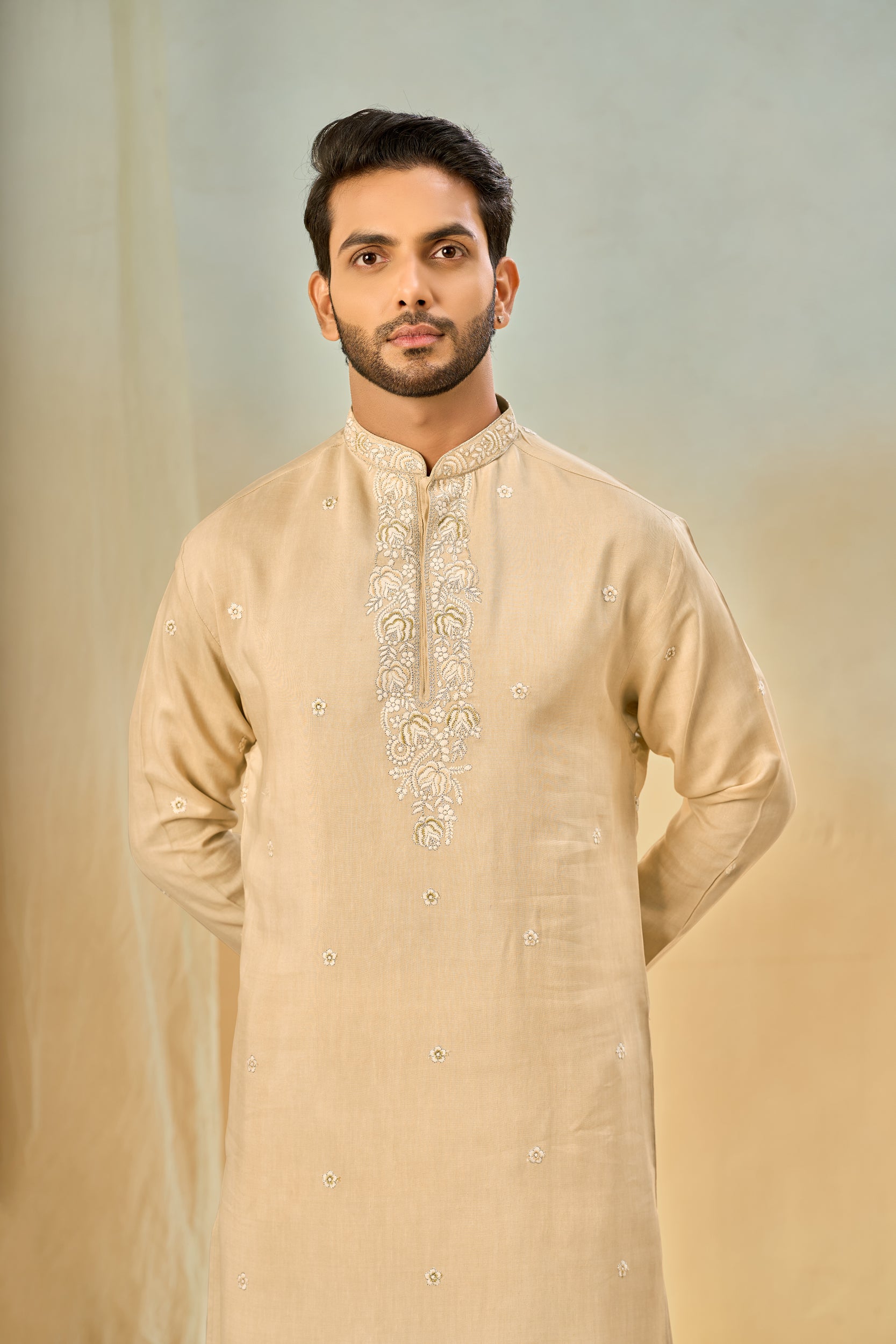 Beige Floral Zari and Self-Toned Embroidery Kurta, Stole with Off-White Pant
