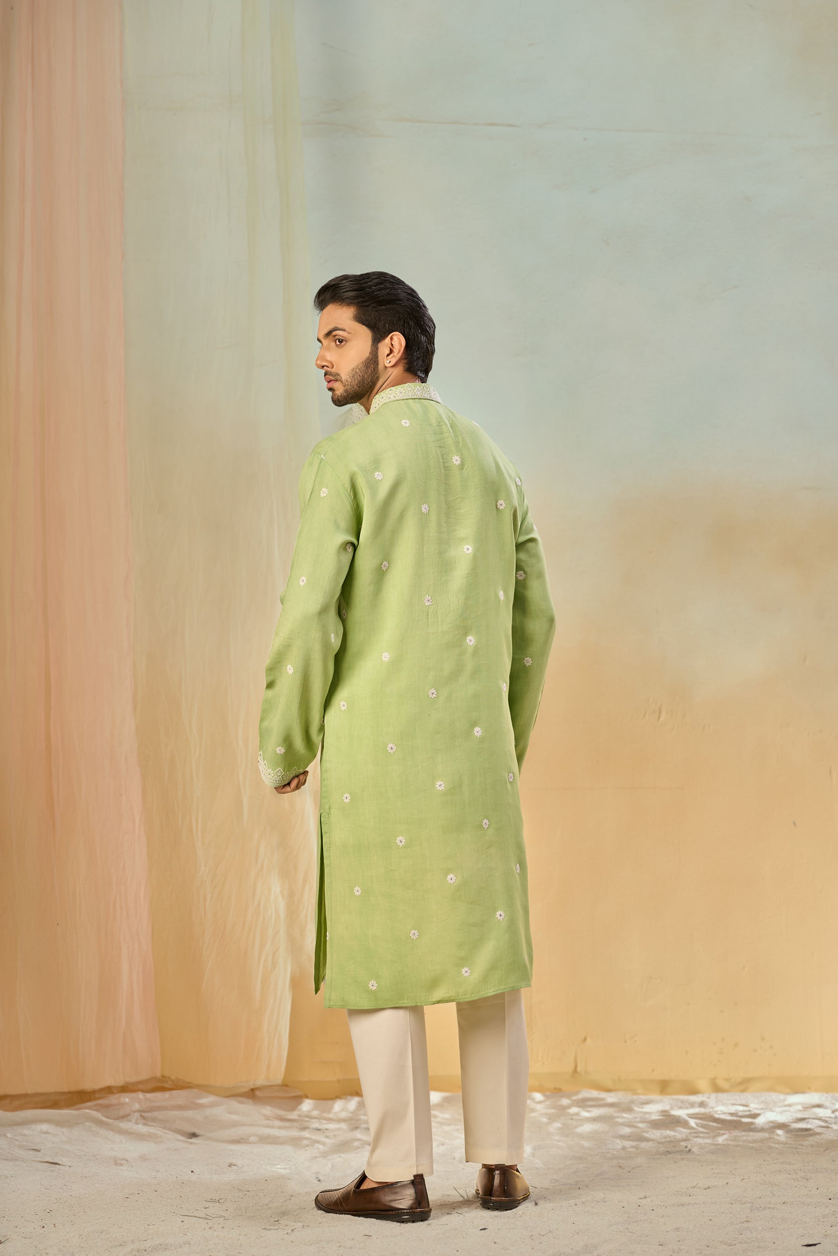 Montreal-Lime Floral Off-White Cord Embroidery and Sequins Kurta, Stole with Off-White Pant