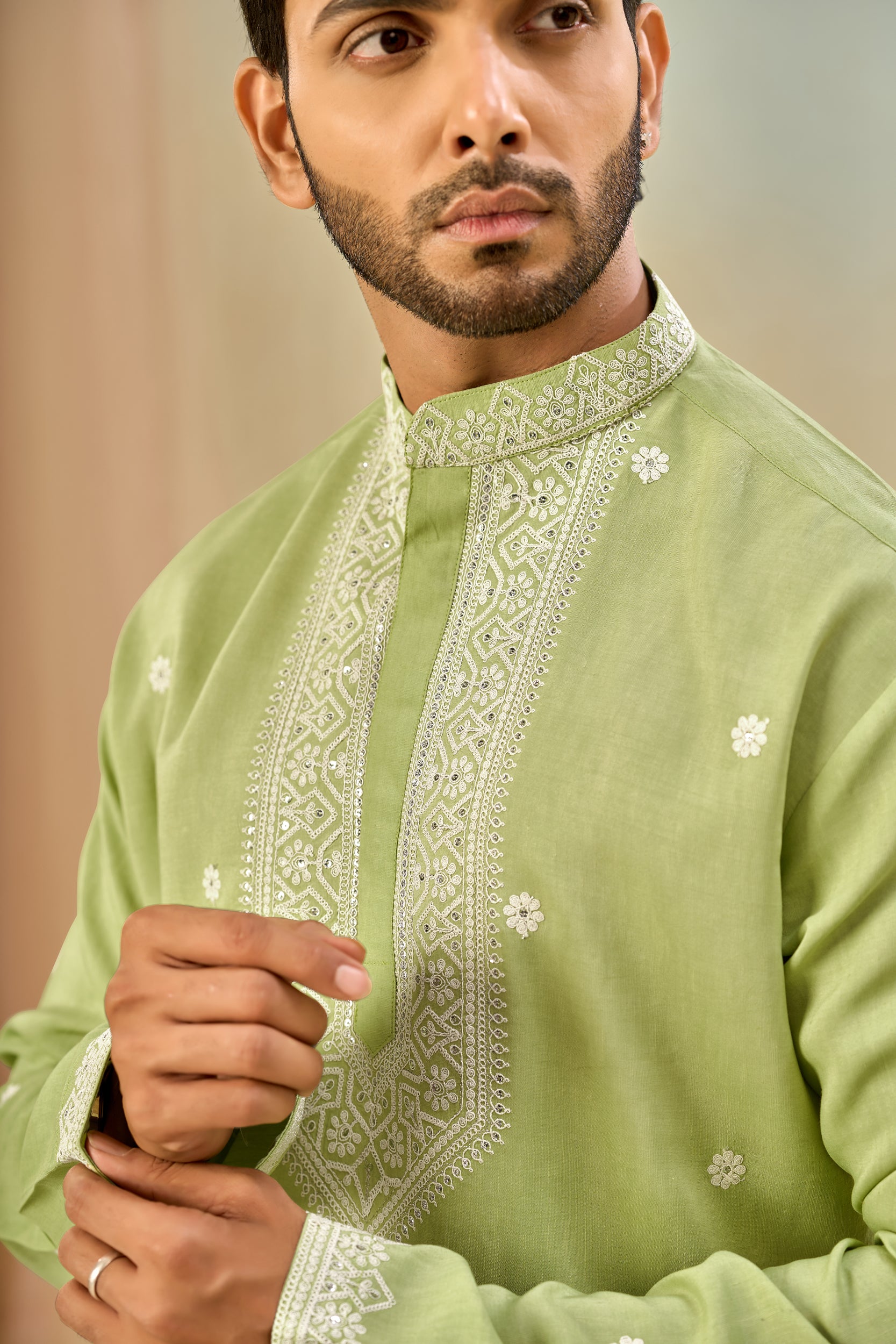 Montreal-Lime Floral Off-White Cord Embroidery and Sequins Kurta, Stole with Off-White Pant