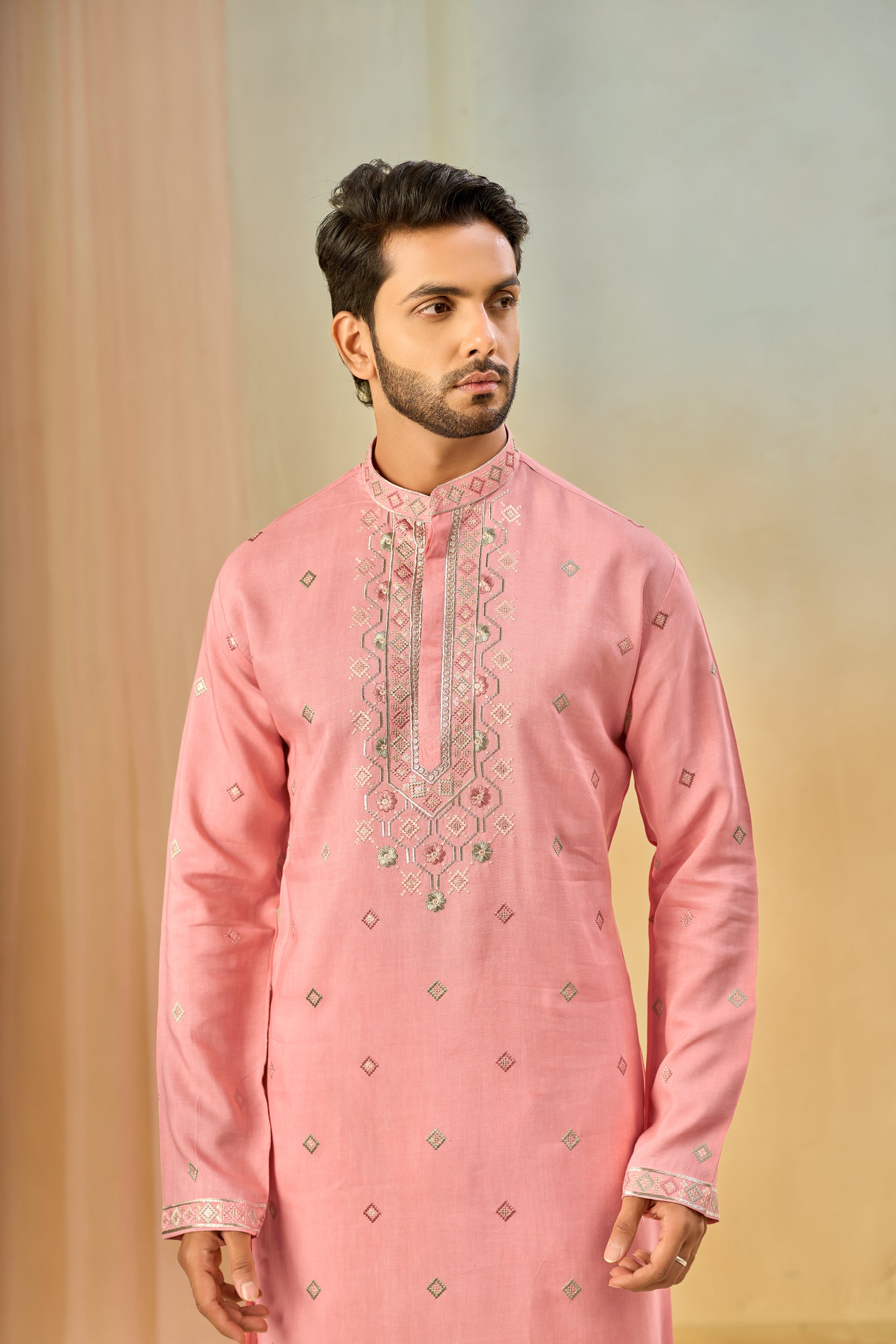 Blush-Pink Geometric Multicolored Thread Embroidery and Sequins Kurta, Stole with Off-White Pant