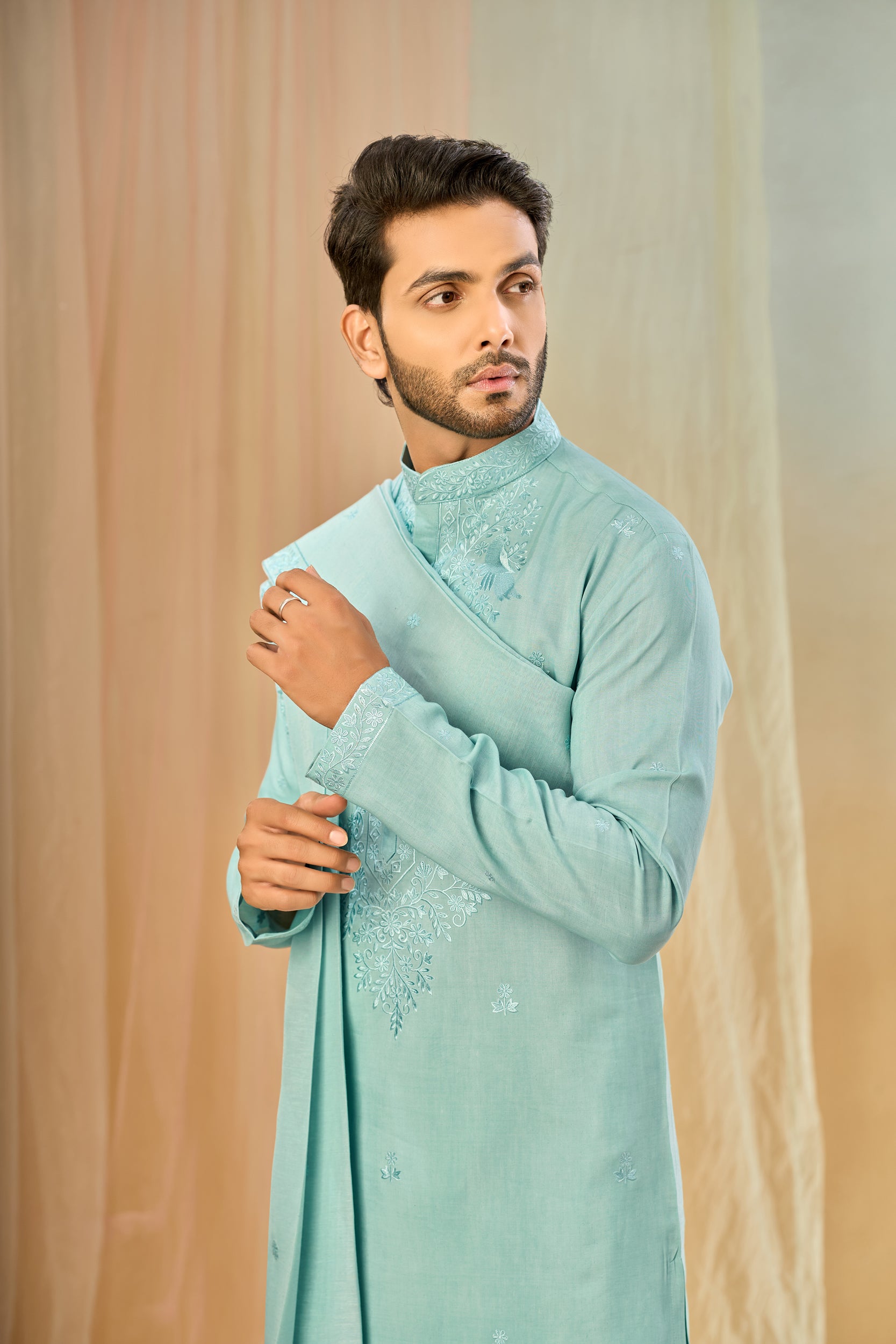 Aqua-Blue Blooming Garden Tone-on-Tone Thread Embroidery Kurta, Stole with Off-White Pant