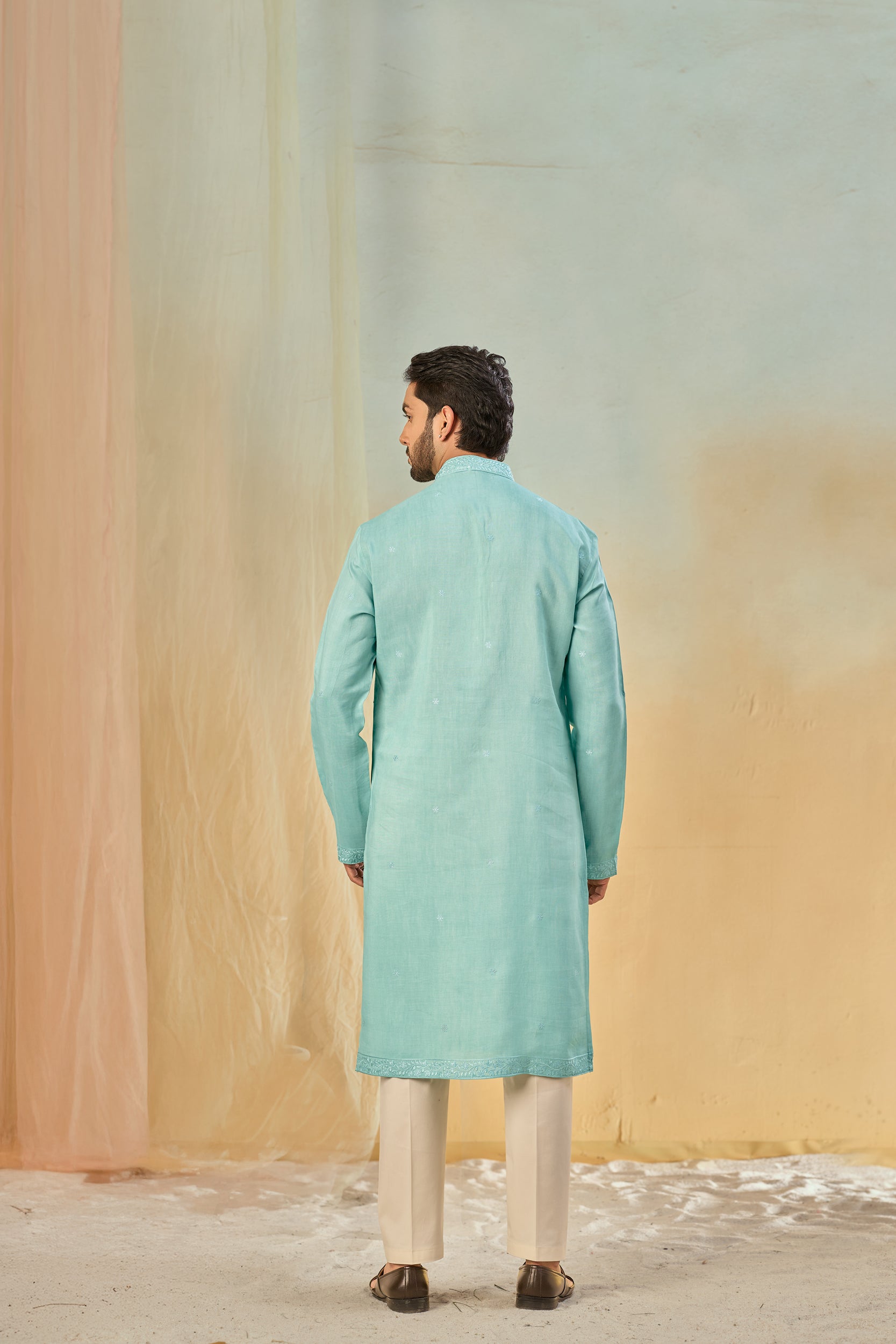 Aqua-Blue Blooming Garden Tone-on-Tone Thread Embroidery Kurta, Stole with Off-White Pant