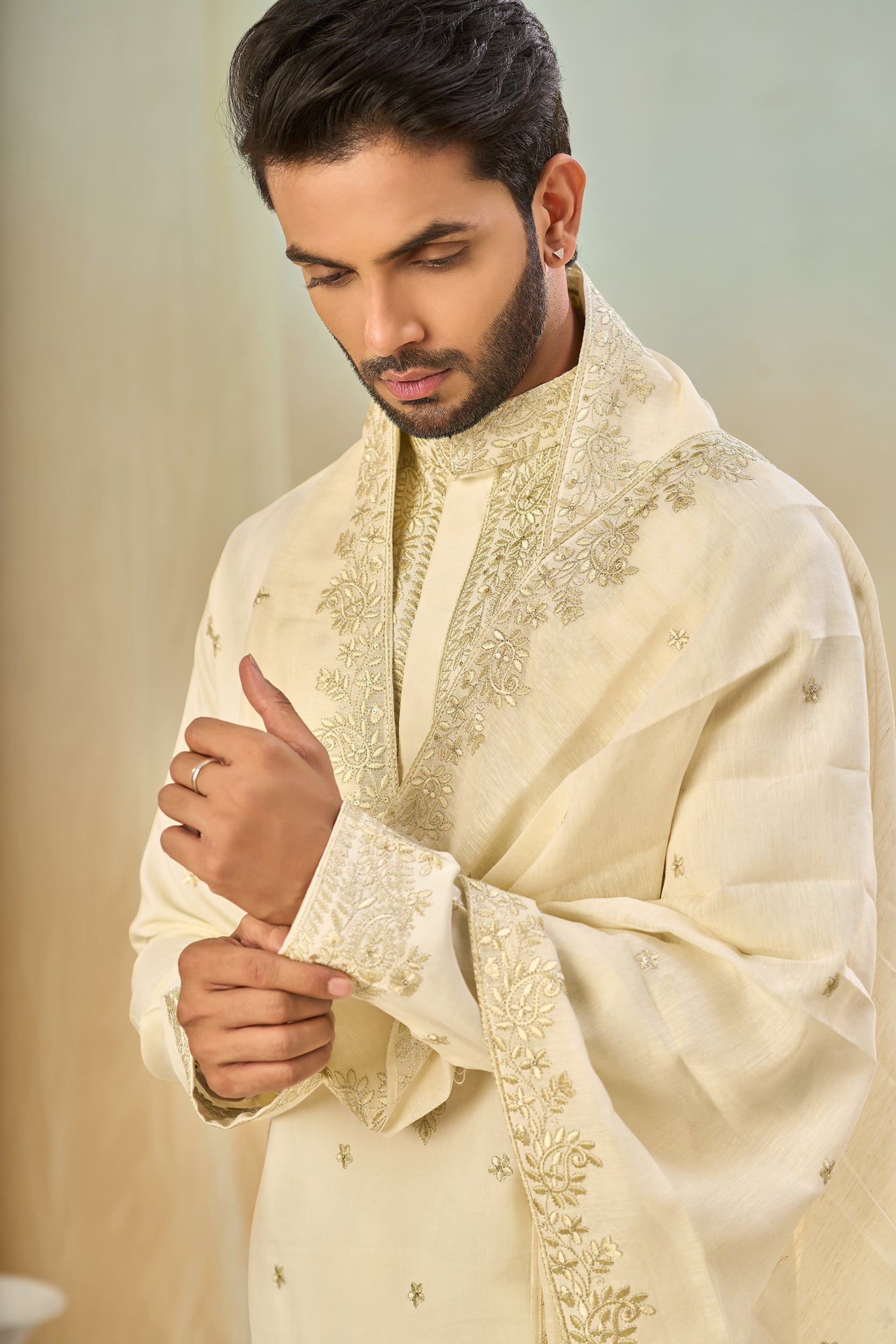 Beige Tone-on-Tone Floral Embroidery Kurta, Stole with Off-White Pant