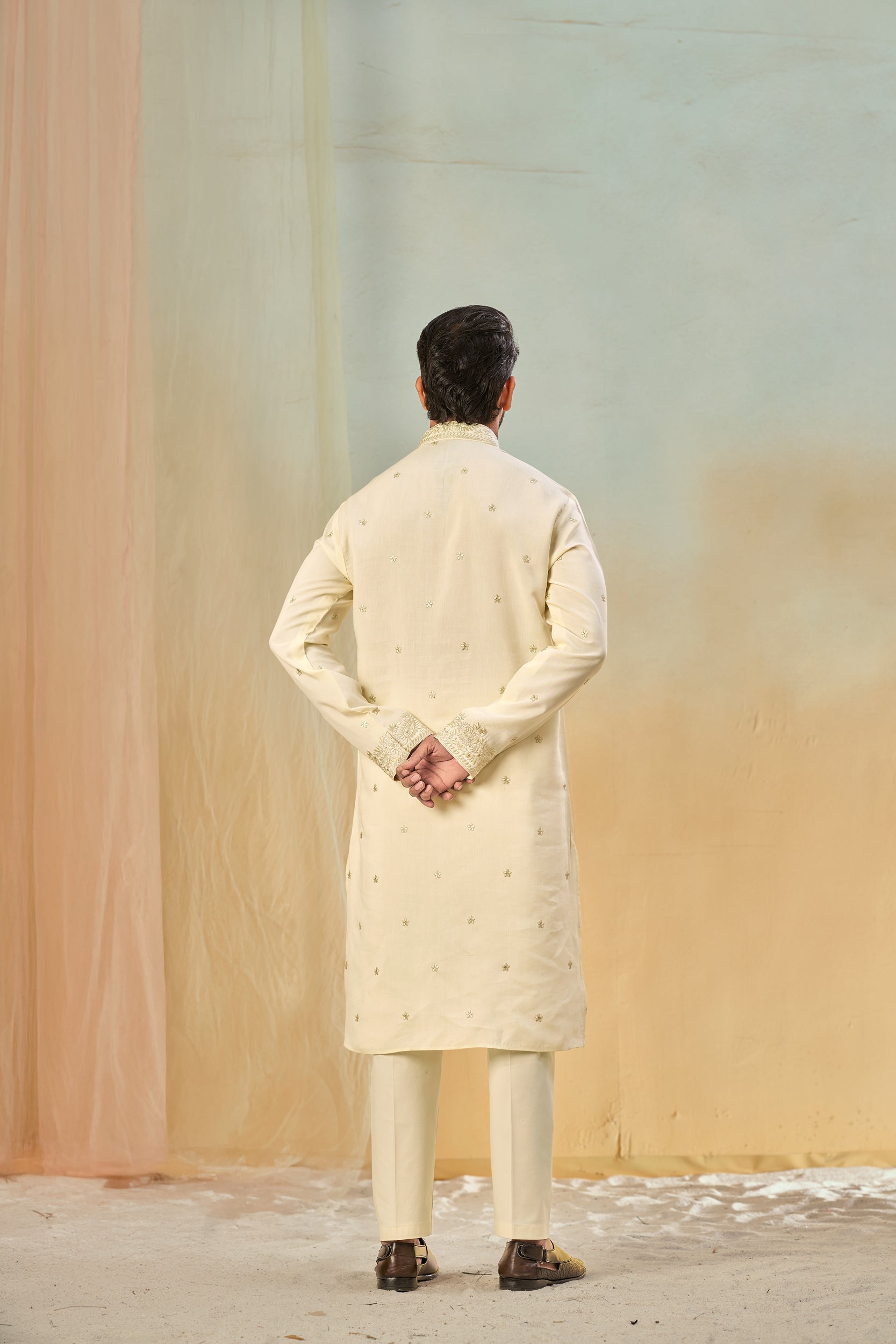 Beige Tone-on-Tone Floral Embroidery Kurta, Stole with Off-White Pant