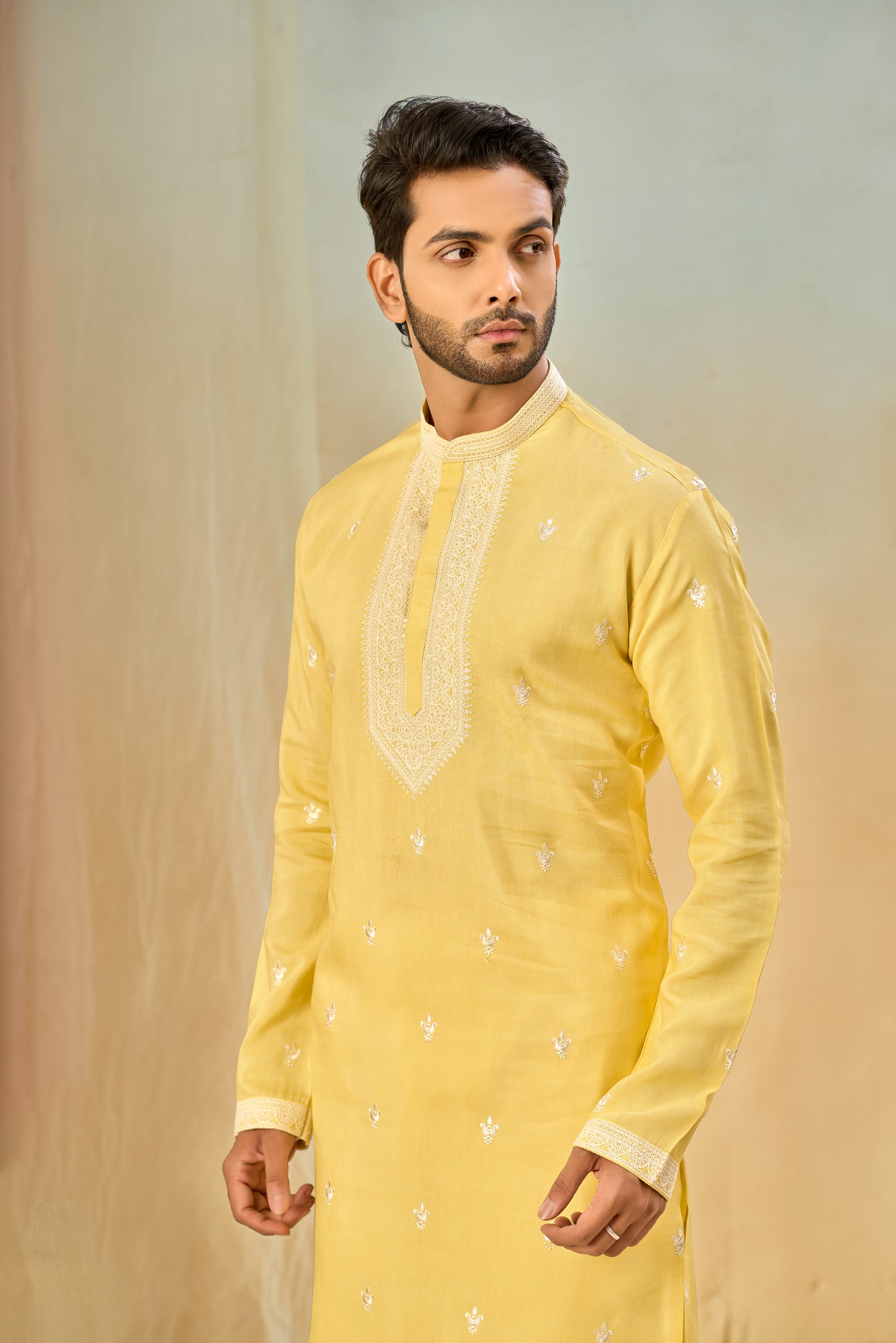 Straw Yellow Tone-on-Tone Floral Embroidery Kurta, Stole with Off-White Pant
