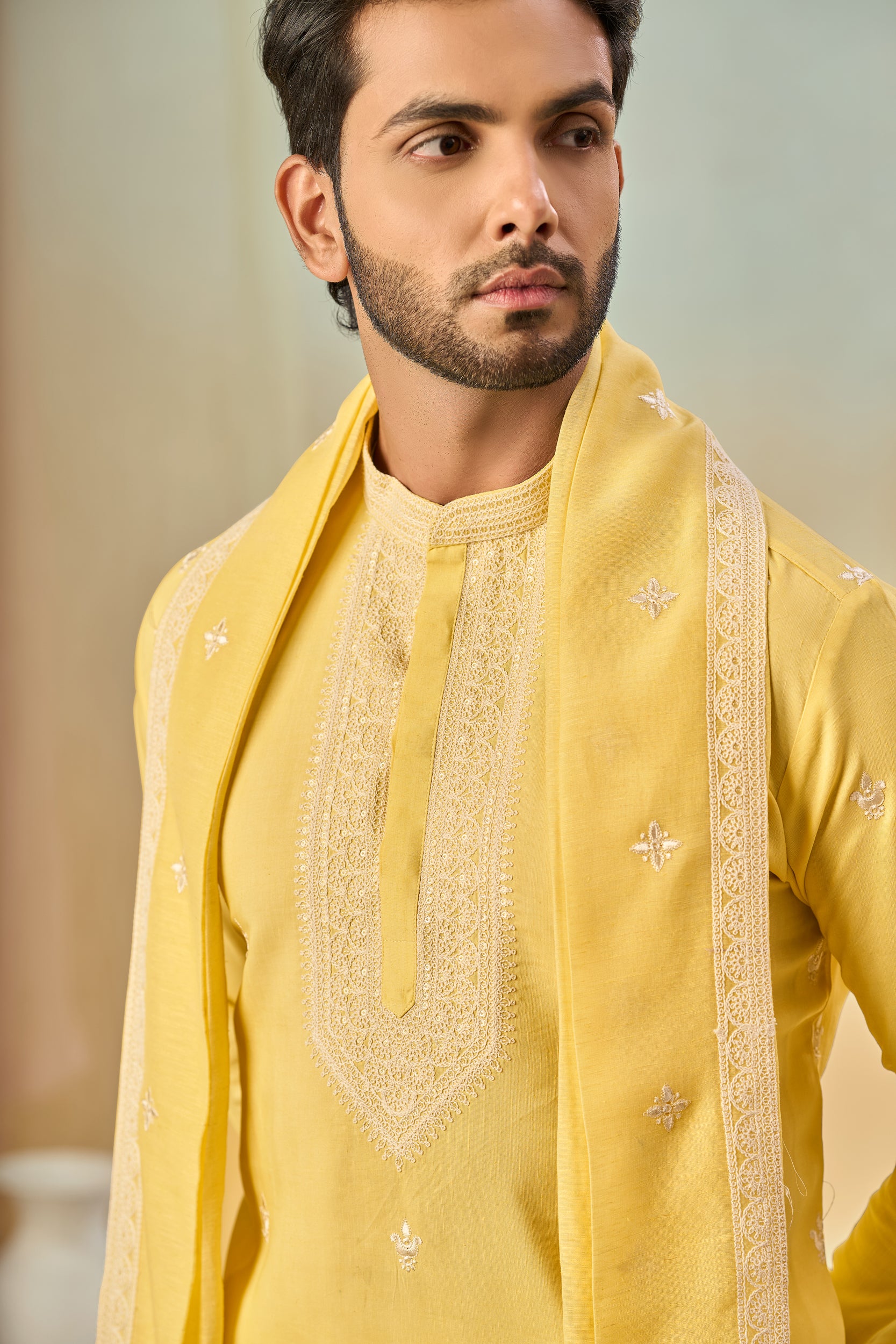 Straw Yellow Tone-on-Tone Floral Embroidery Kurta, Stole with Off-White Pant