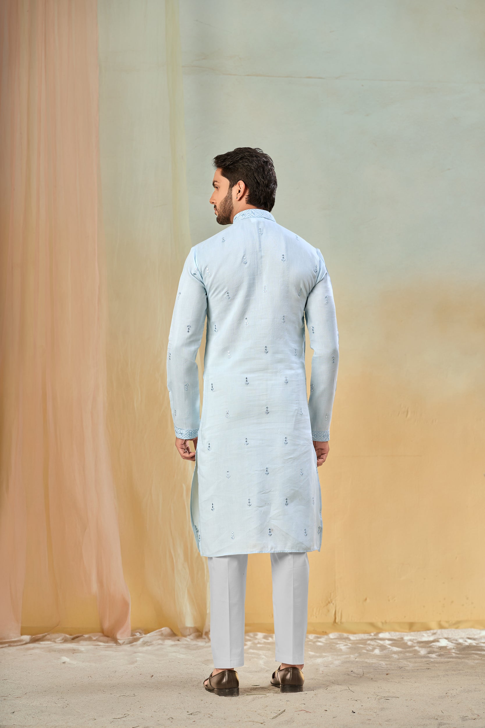 Columbia Blue Tone-on-Tone Floral Embroidery Kurta, Stole with Off-White Pant