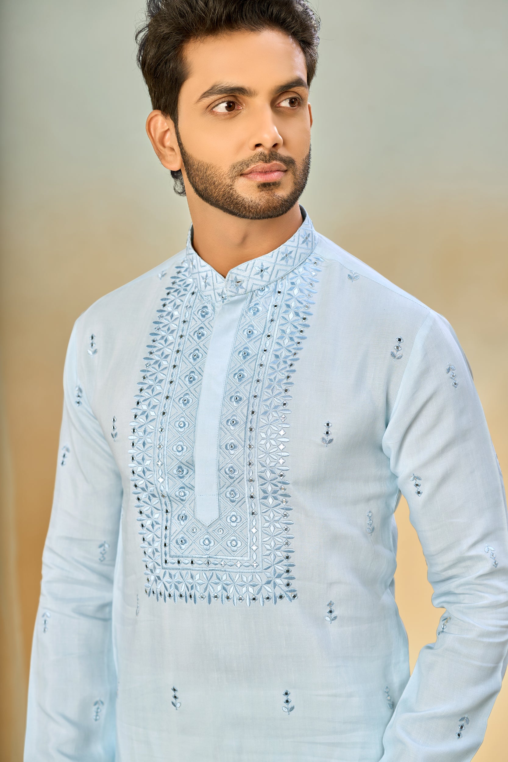 Columbia Blue Tone-on-Tone Floral Embroidery Kurta, Stole with Off-White Pant