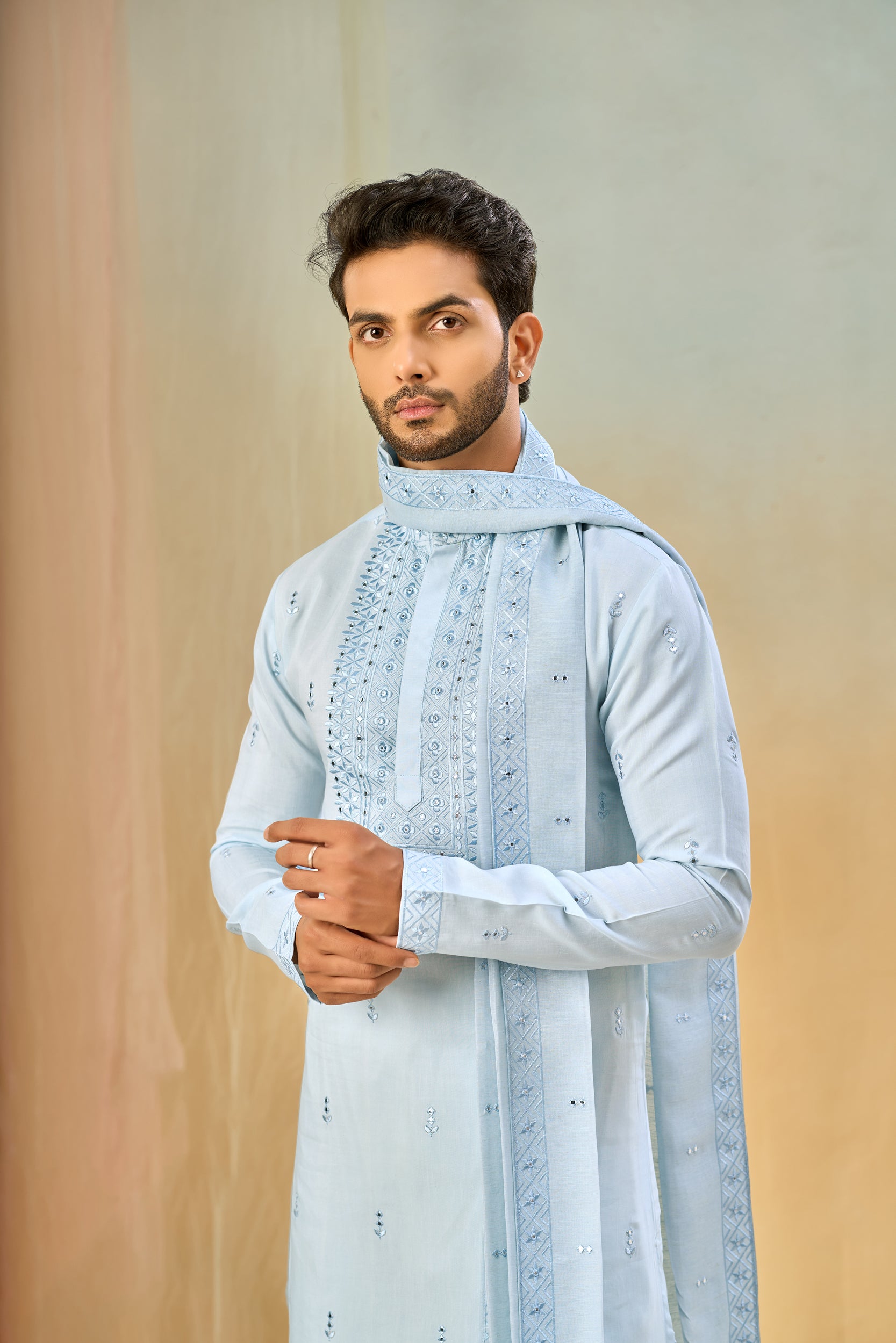 Columbia Blue Tone-on-Tone Floral Embroidery Kurta, Stole with Off-White Pant