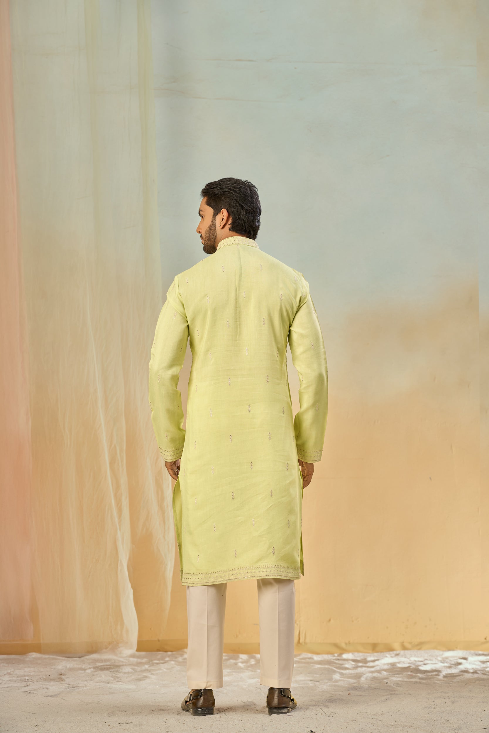 Light Pista Tone-on-Tone Embroidery Kurta, Stole with Off-White Pant