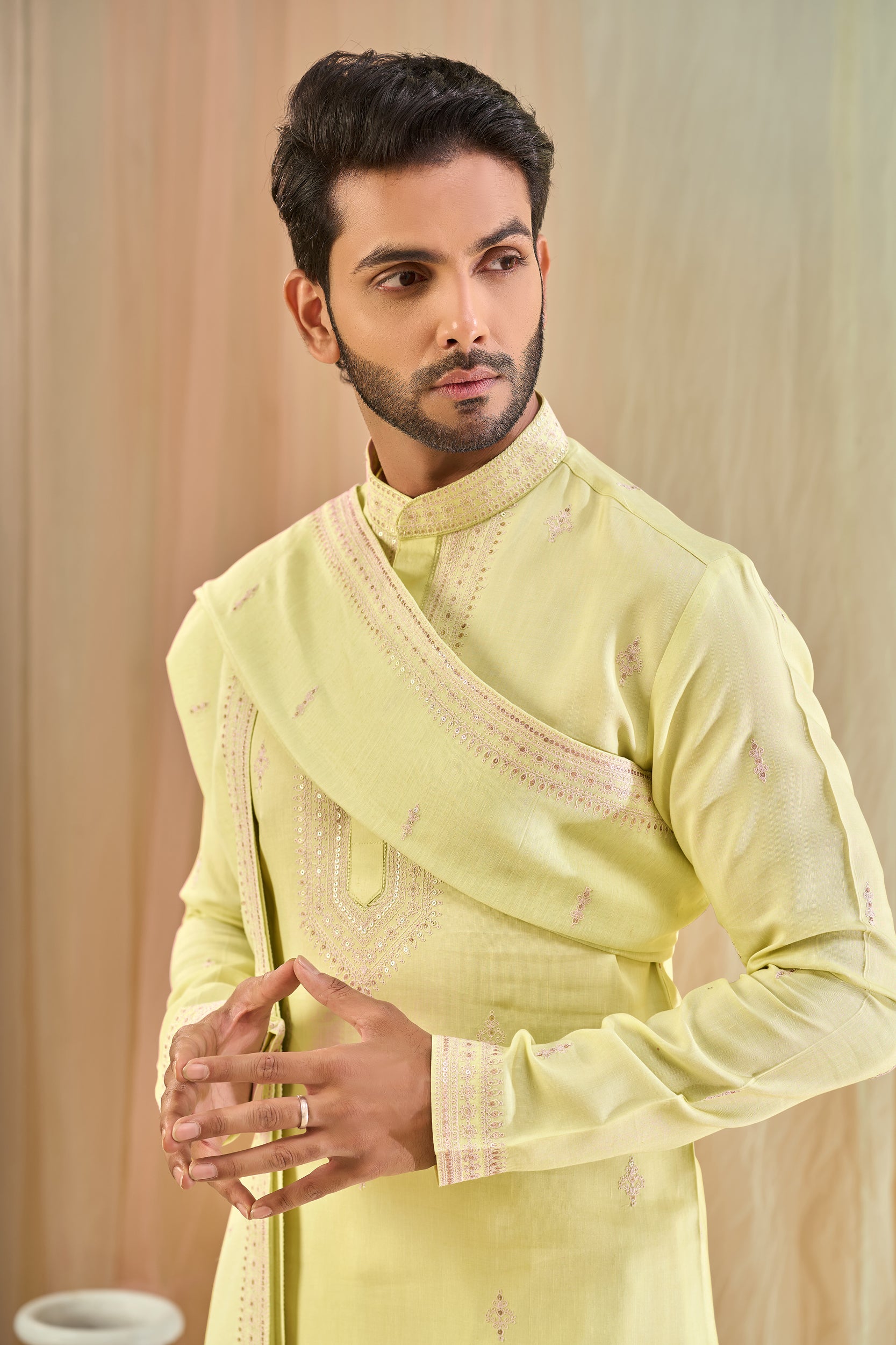 Light Pista Tone-on-Tone Embroidery Kurta, Stole with Off-White Pant