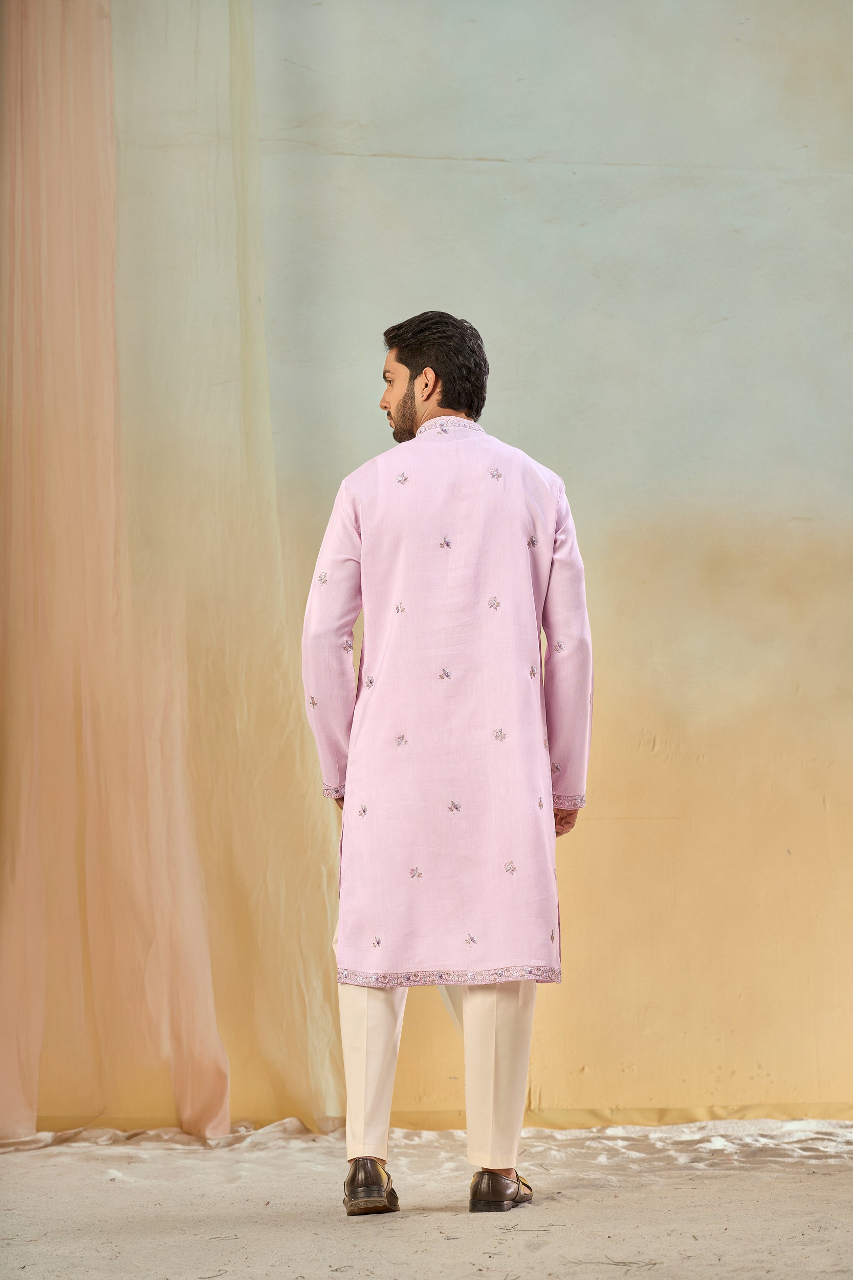 Light Lavender Floral Multicolored Thread Embroidery Kurta, Stole with Off-White Pant