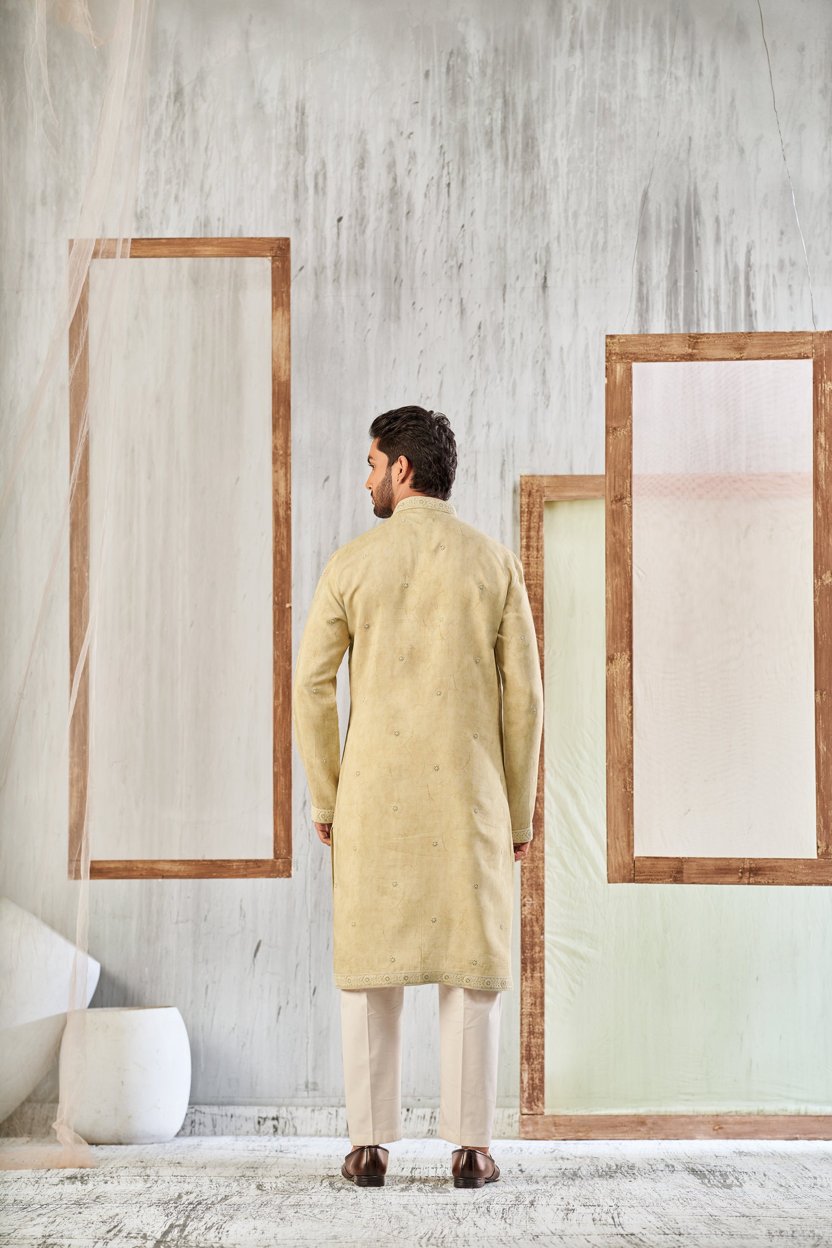 Bisque Floral Self-Toned Cord Embroidery and Sequins Kurta, Stole with Off-White Pant
