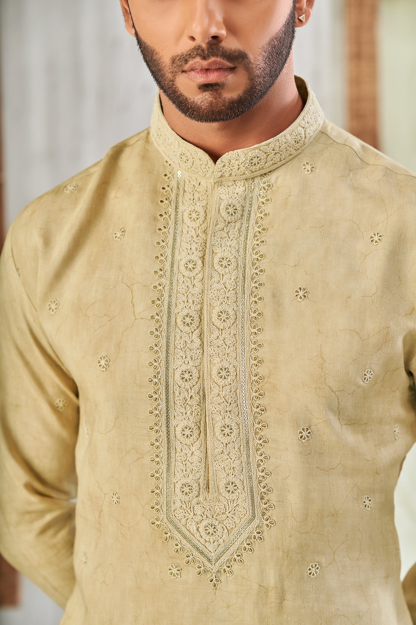 Bisque Floral Self-Toned Cord Embroidery and Sequins Kurta, Stole with Off-White Pant