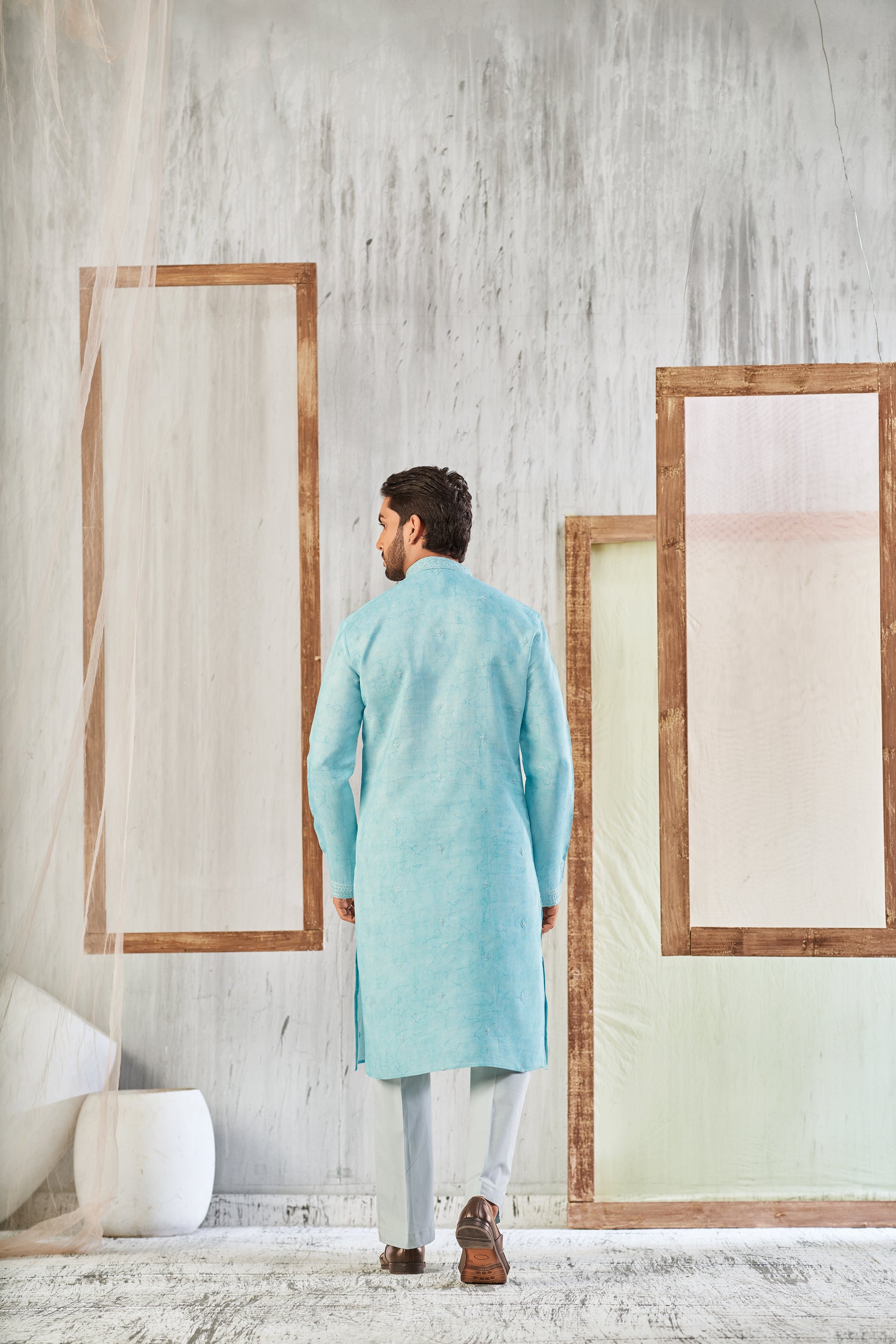 Blizzard Blue Vines Garden Self-Toned Cord Embroidery Kurta, Stole with Off-White Pant