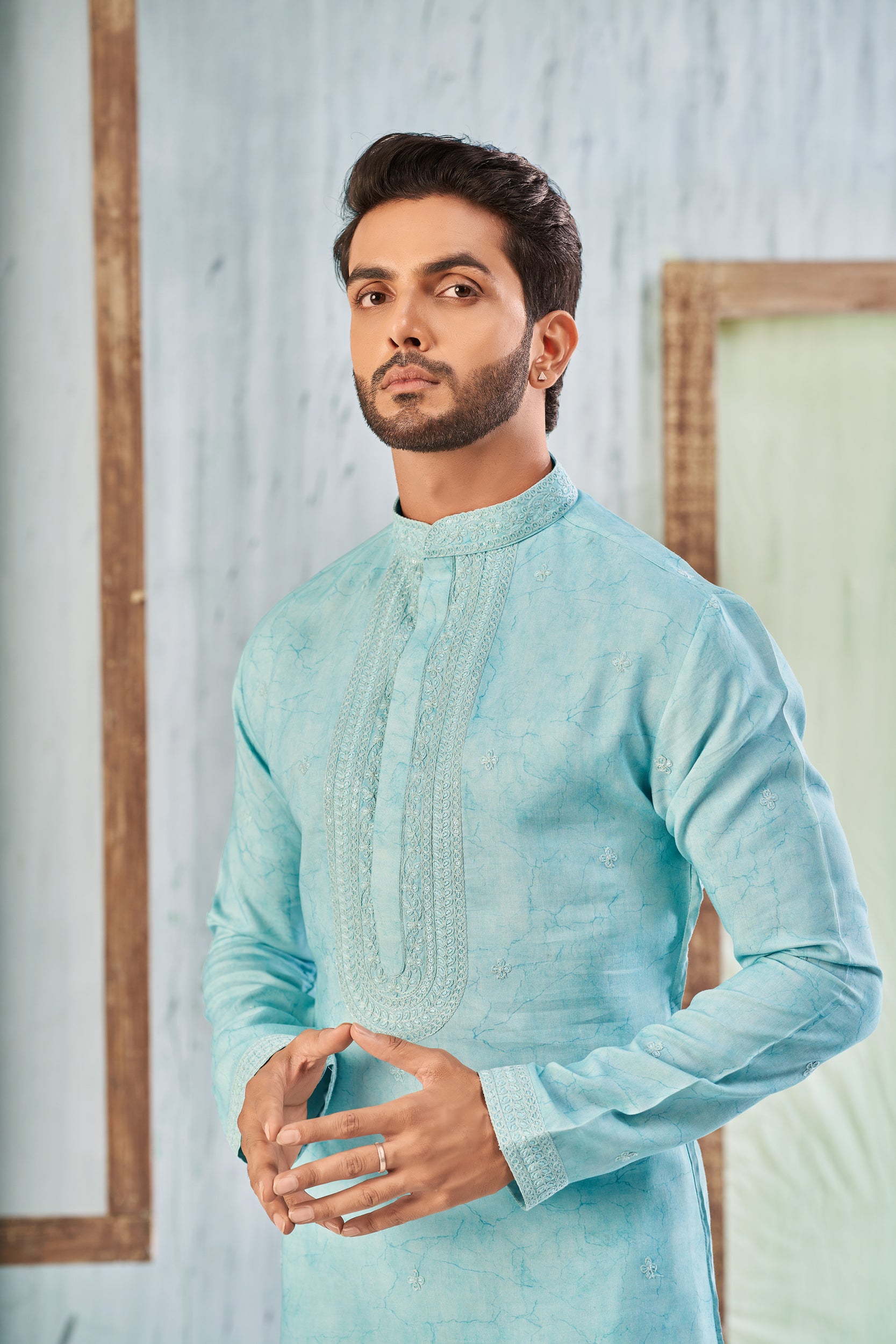 Blizzard Blue Vines Garden Self-Toned Cord Embroidery Kurta, Stole with Off-White Pant