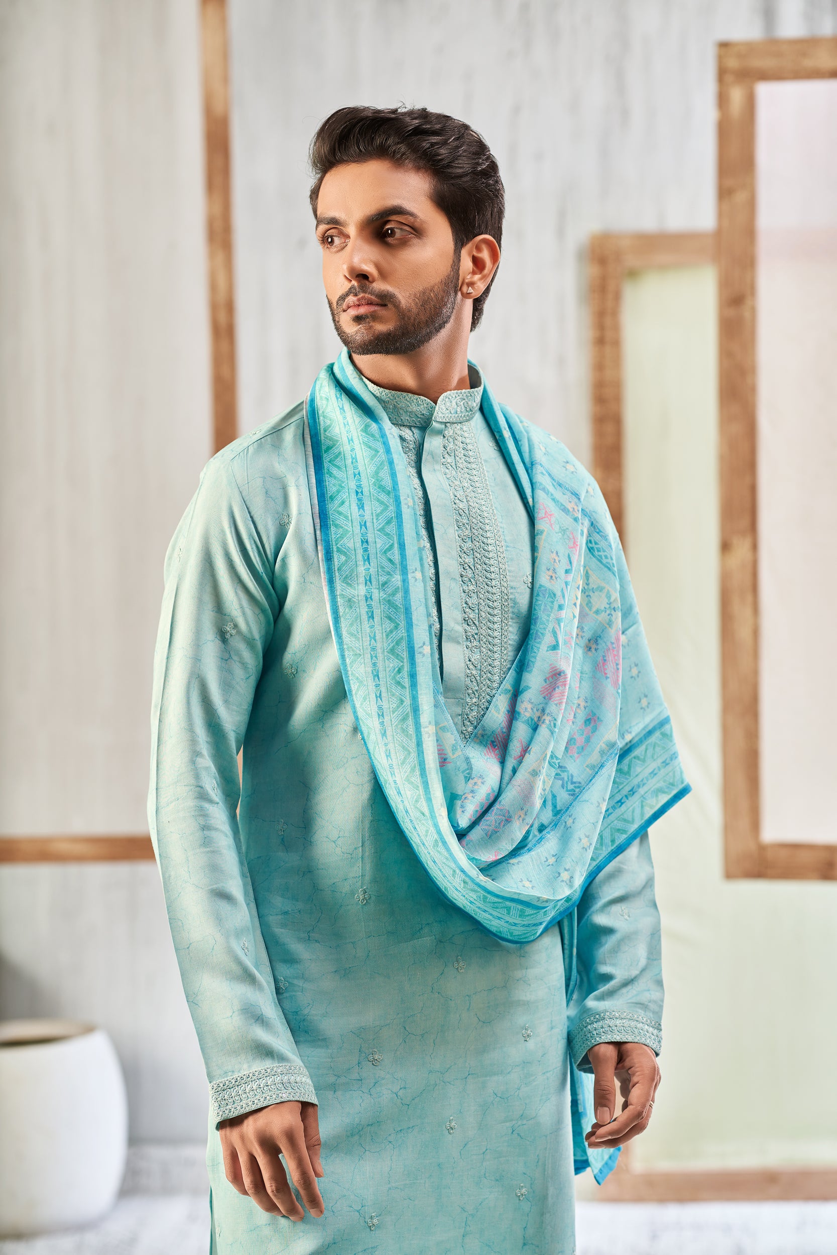 Blizzard Blue Vines Garden Self-Toned Cord Embroidery Kurta, Stole with Off-White Pant