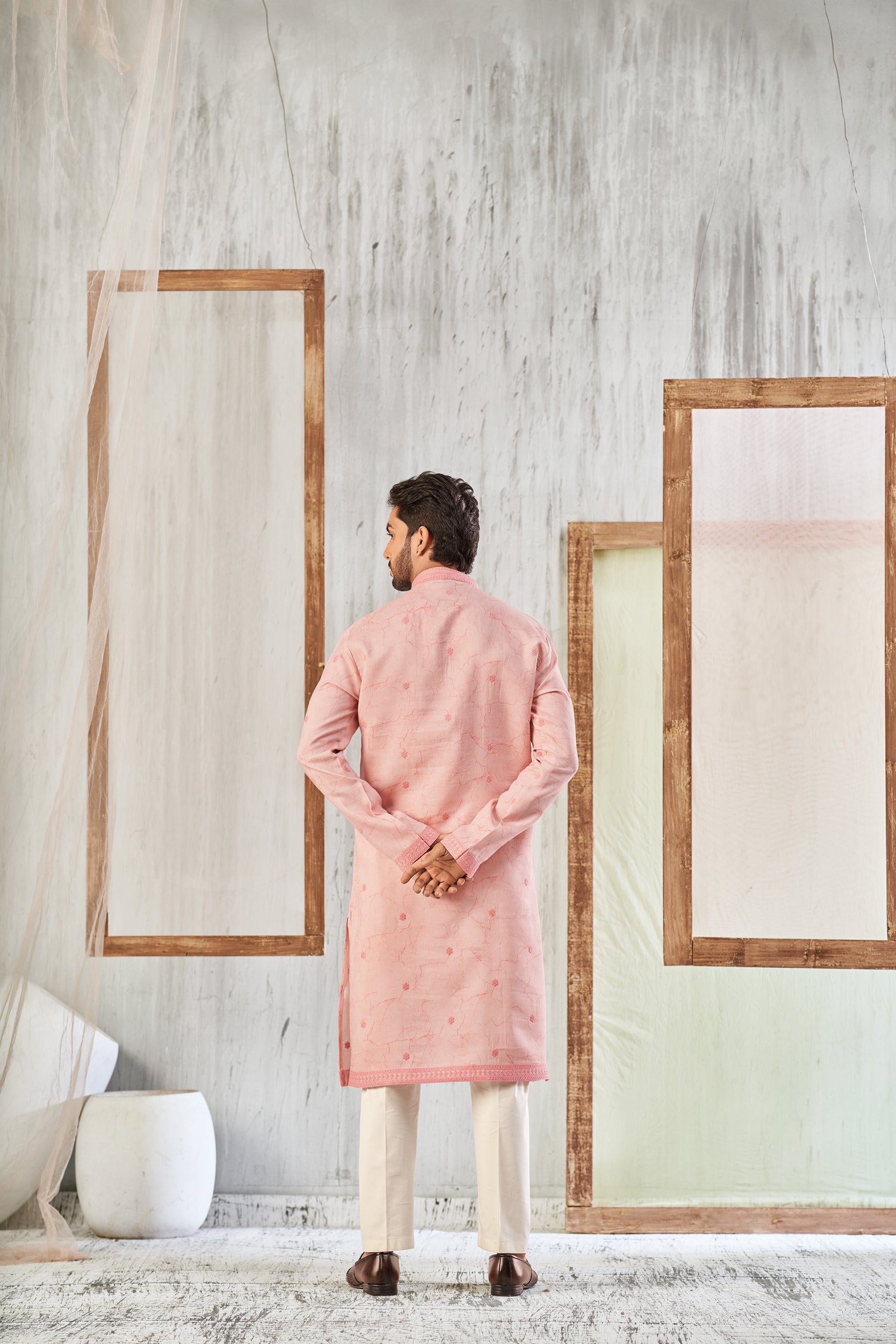 Salmon Pink Vines Garden Self-Toned Cord Embroidery Kurta, Stole with Off-White Pant