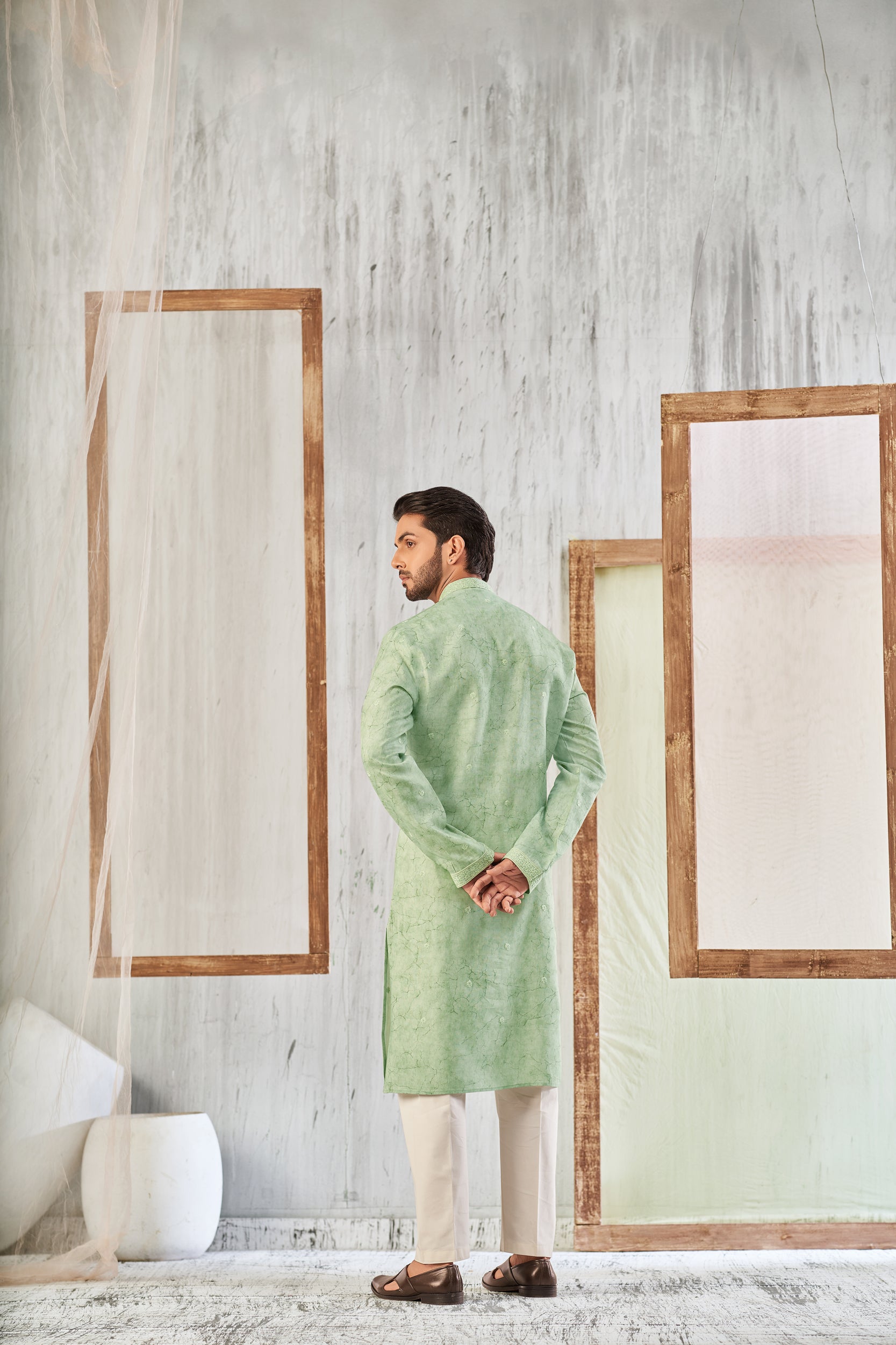 Ming Green Vines Garden Self-Toned Cord Embroidery Kurta, Stole with Off-White Pant