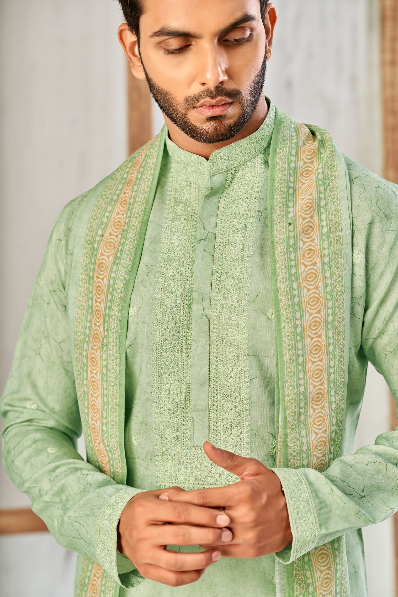 Ming Green Vines Garden Self-Toned Cord Embroidery Kurta, Stole with Off-White Pant