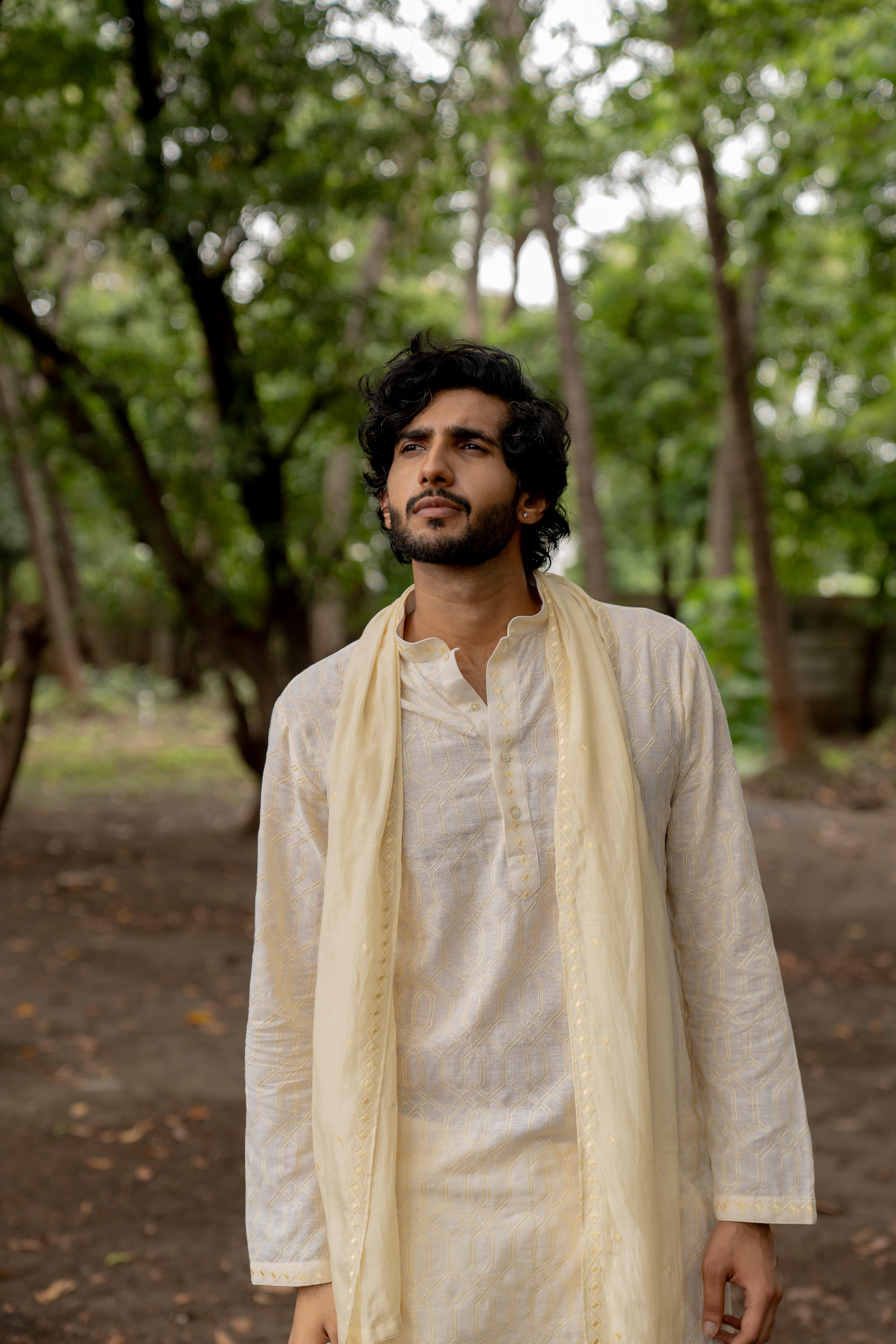 Pastel Yellow Embroidered Kurta, Stole & Off White Pants