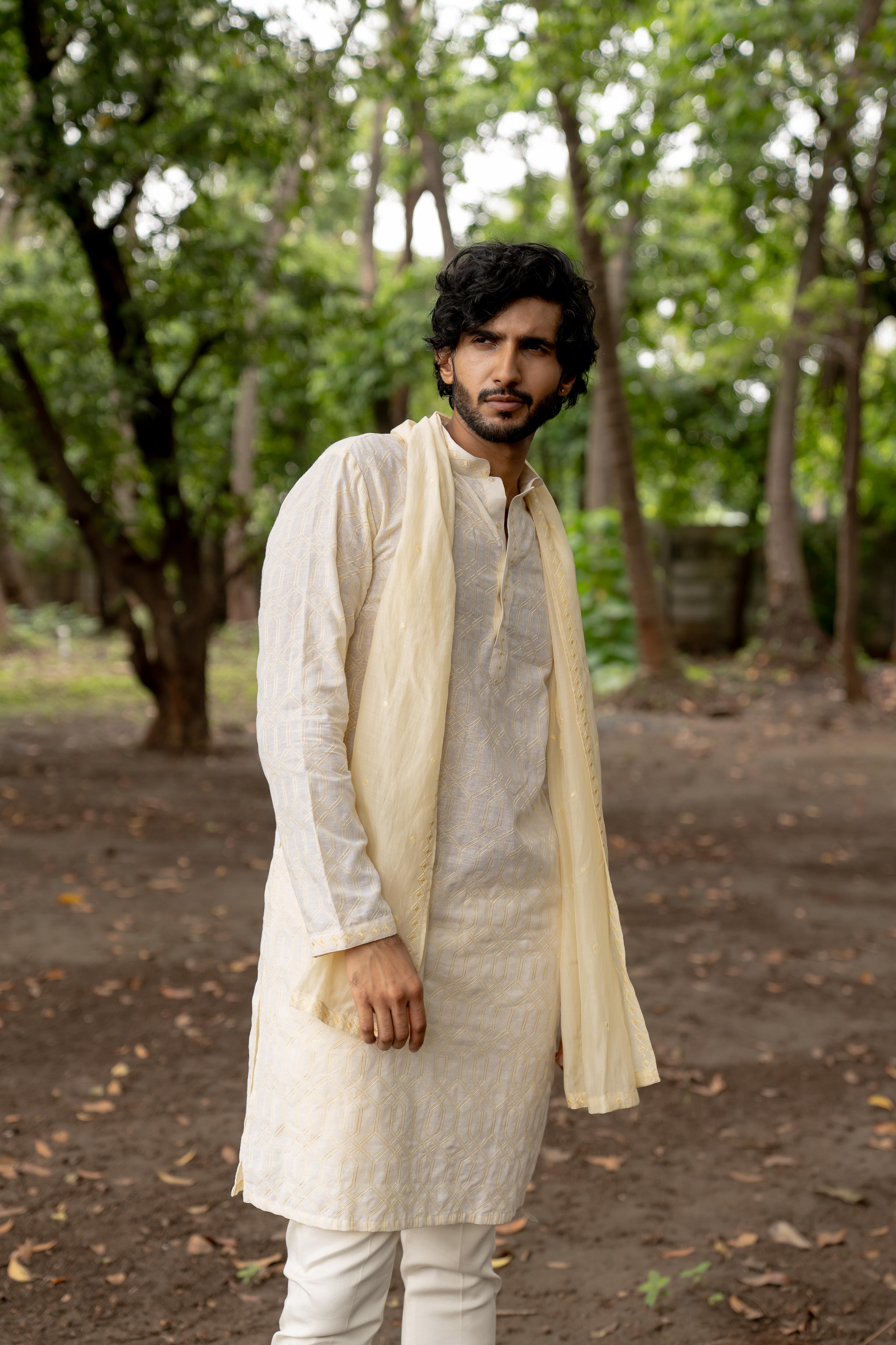 Pastel Yellow Embroidered Kurta, Stole & Off White Pants