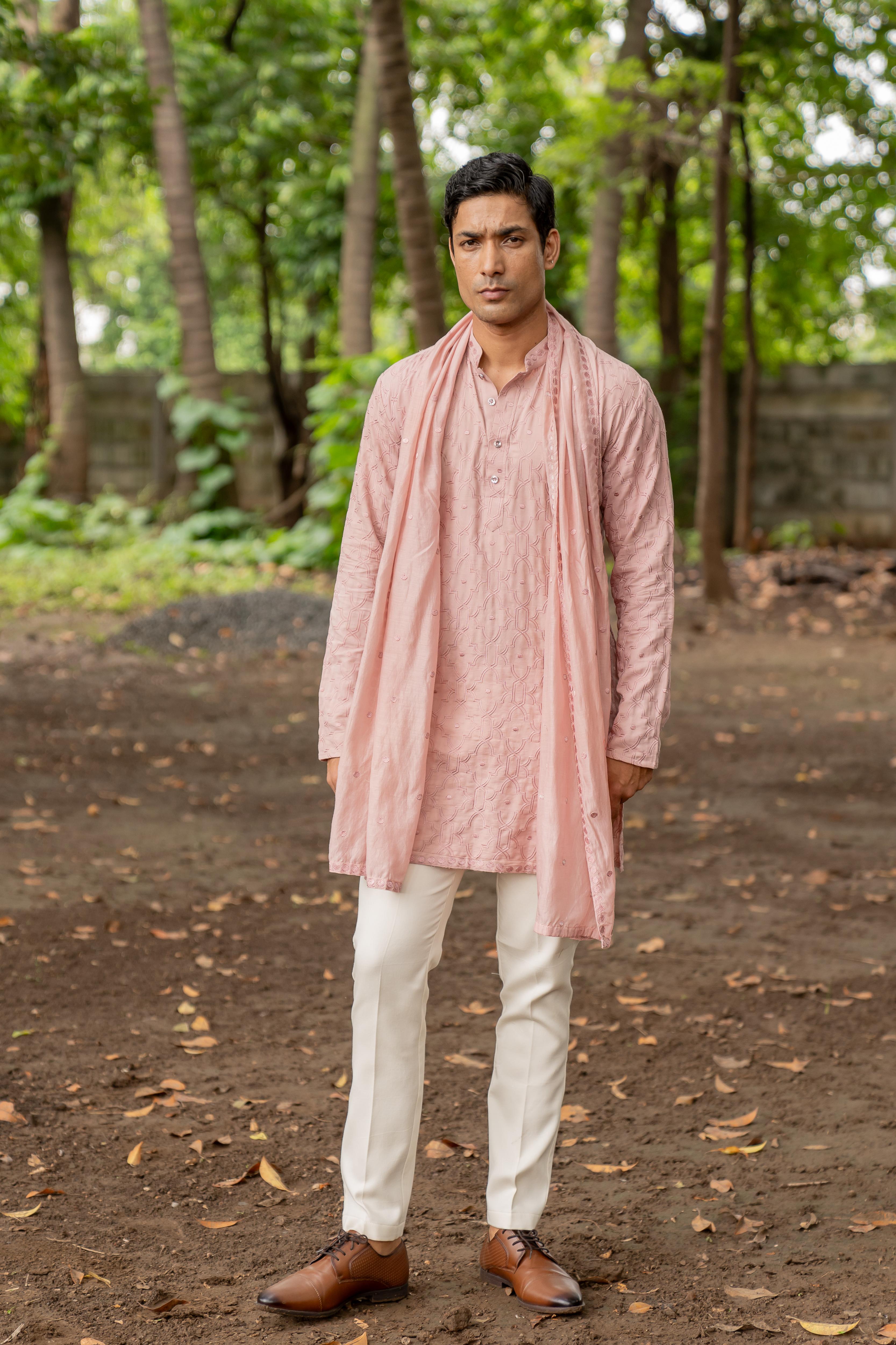 Pink Embroidered Kurta, Stole with Off White Pants