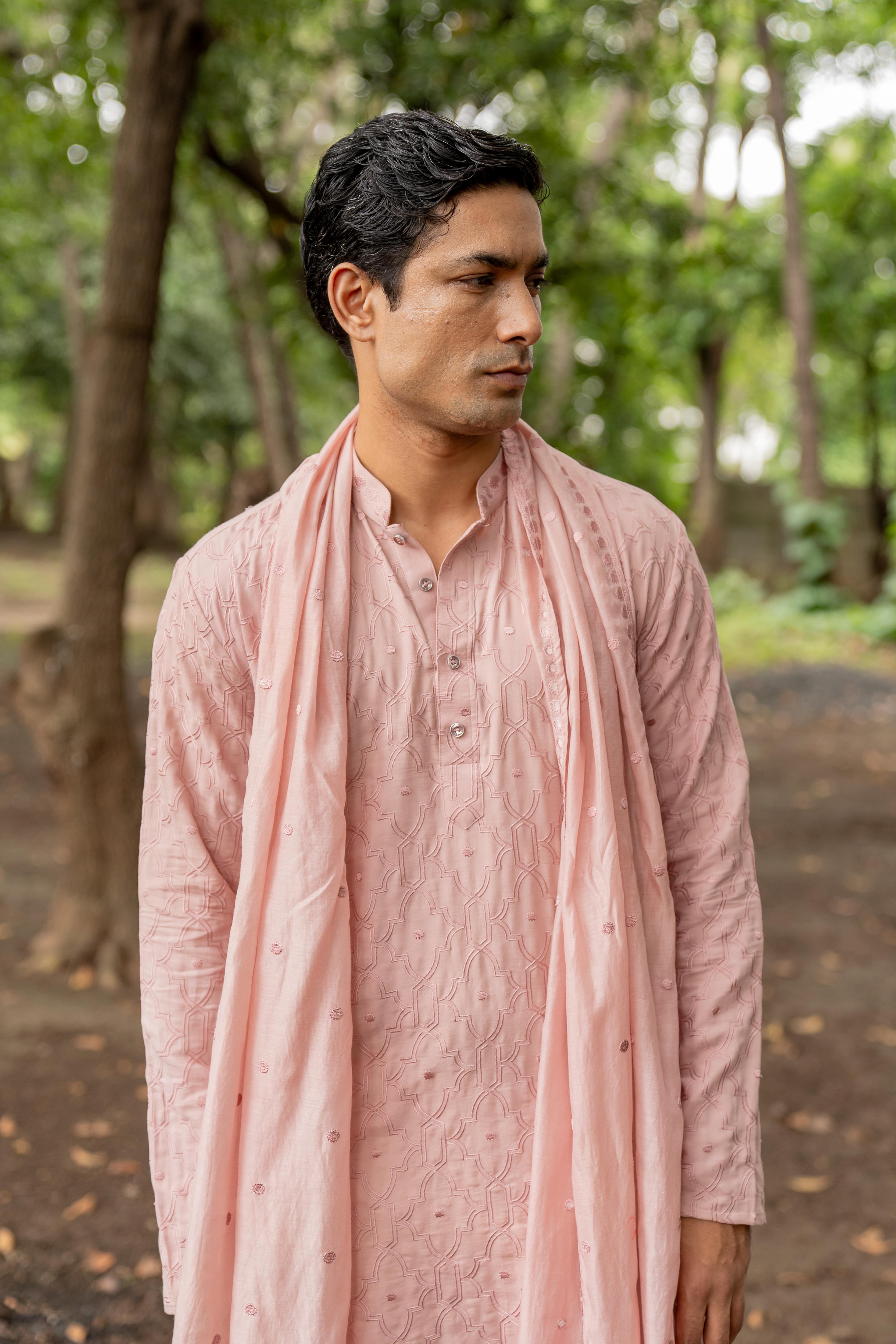Pink Embroidered Kurta, Stole with Off White Pants