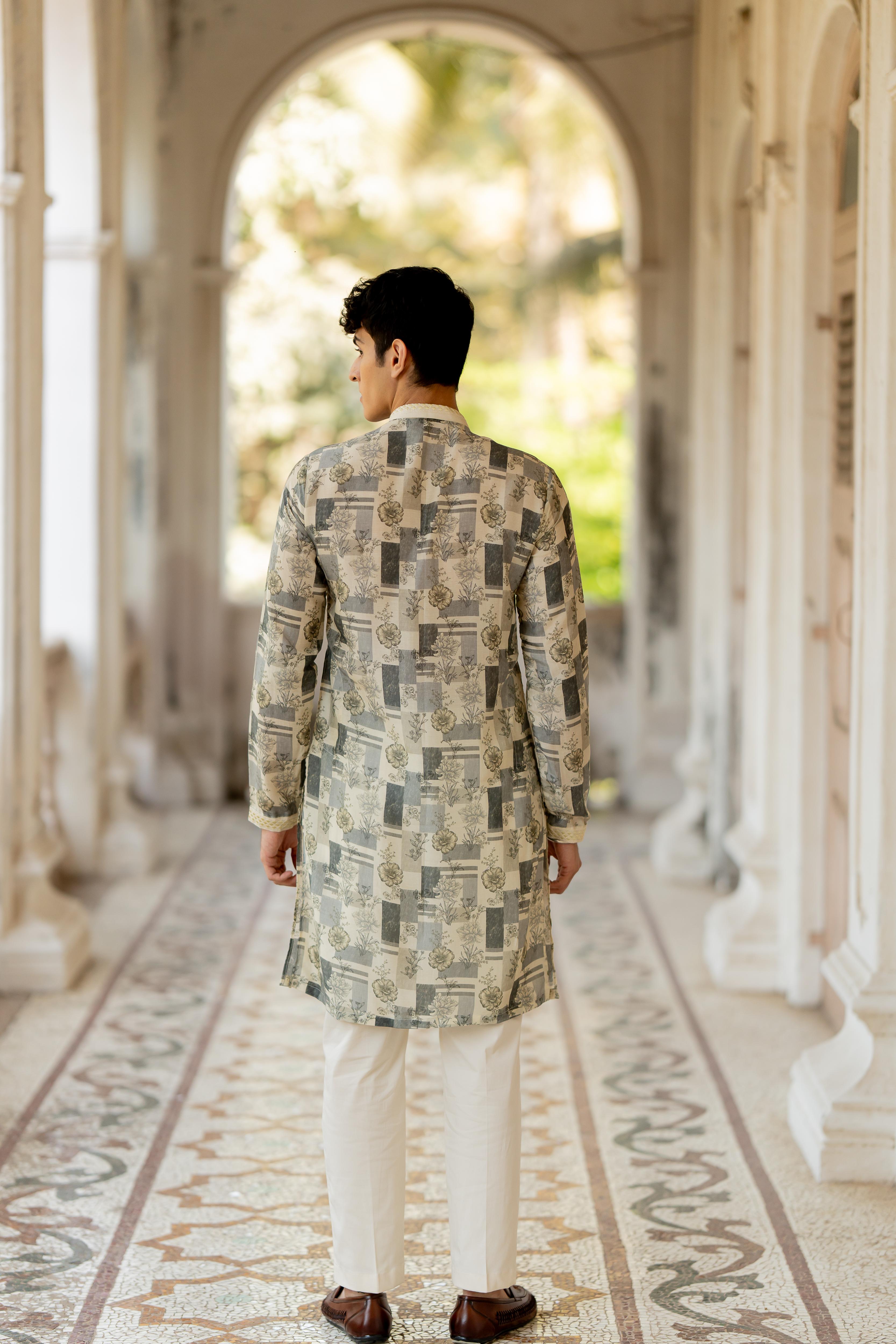 Grey & Beige Digital Printed Kurta with Off White Pants