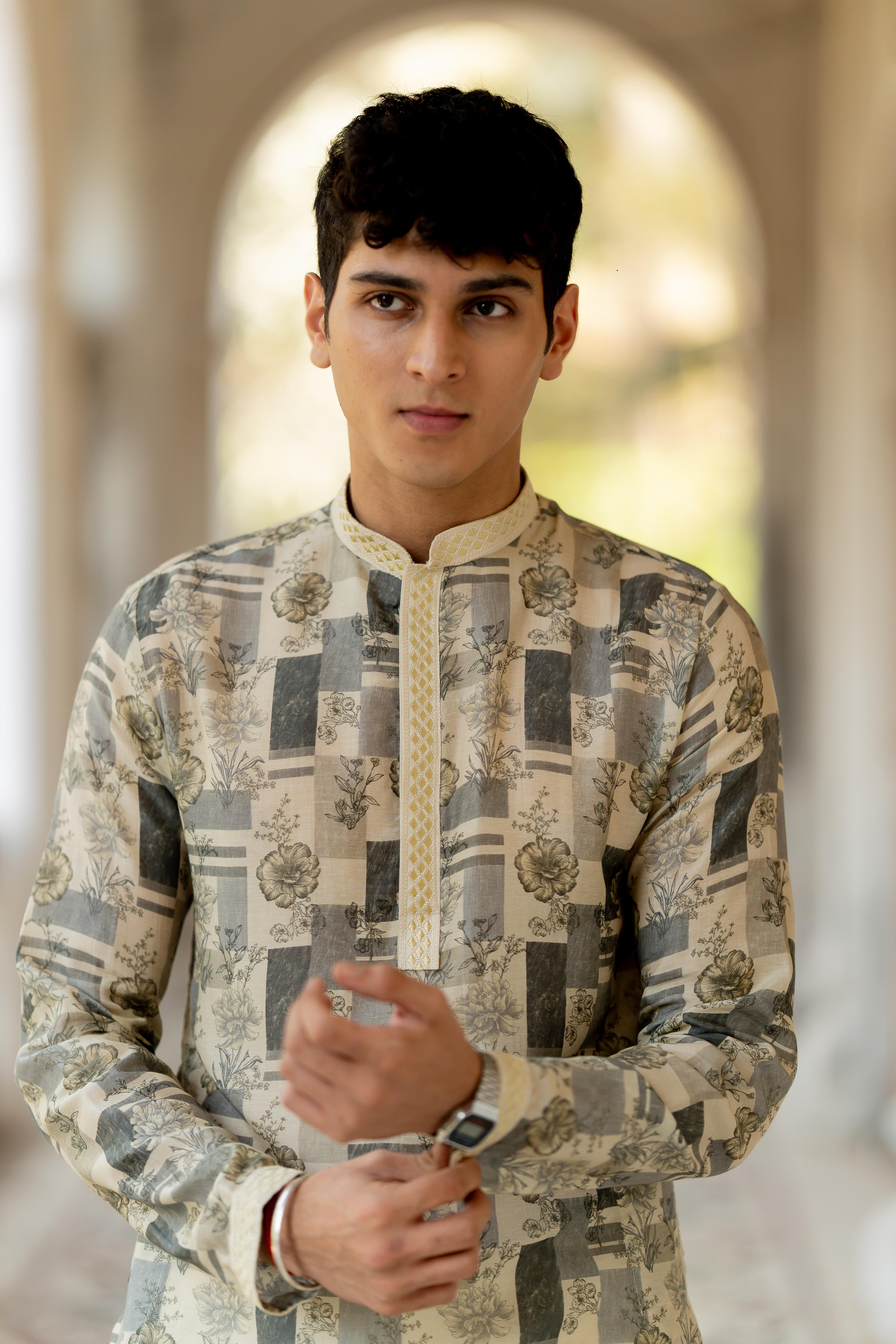 Grey & Beige Digital Printed Kurta with Off White Pants