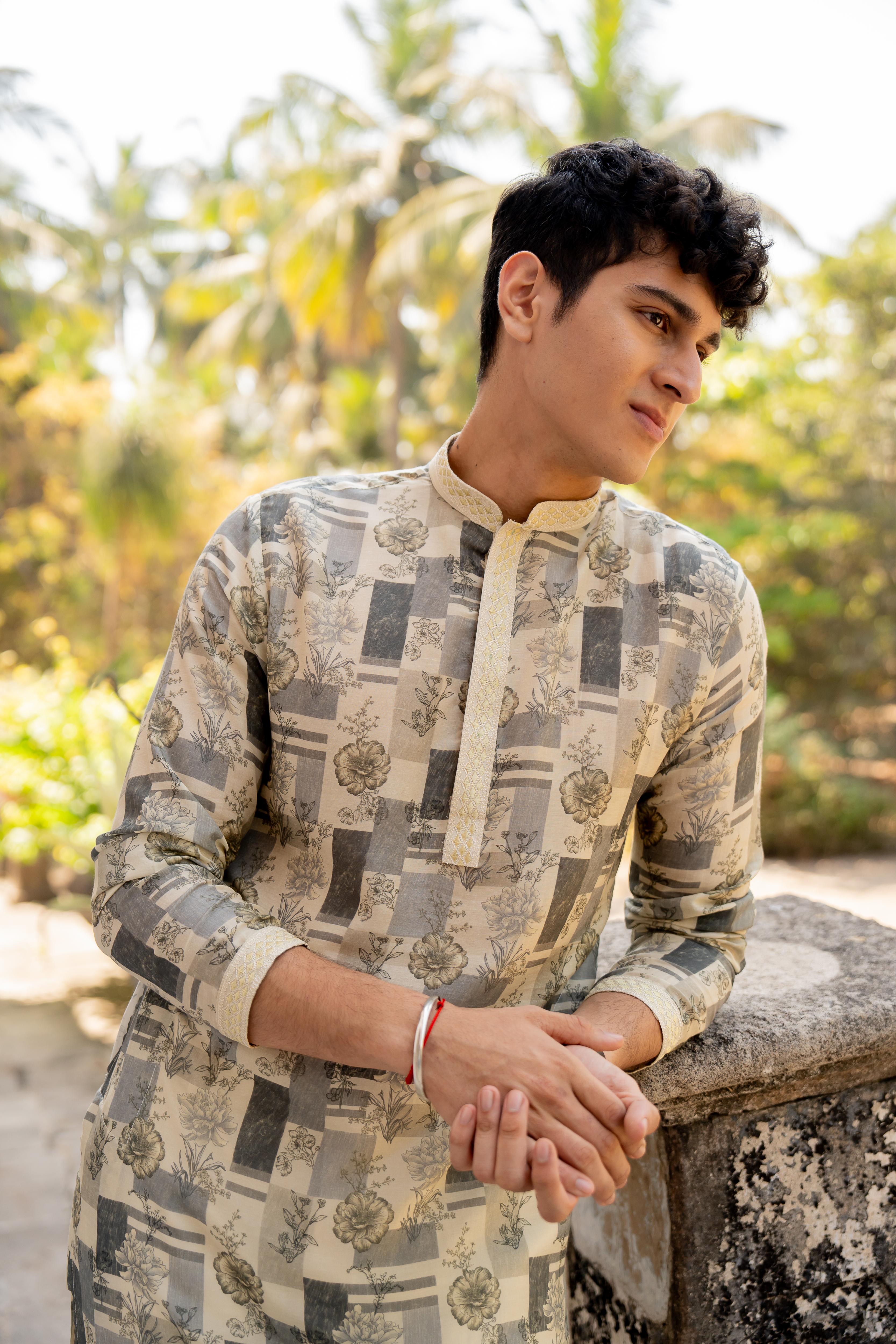 Grey & Beige Digital Printed Kurta with Off White Pants