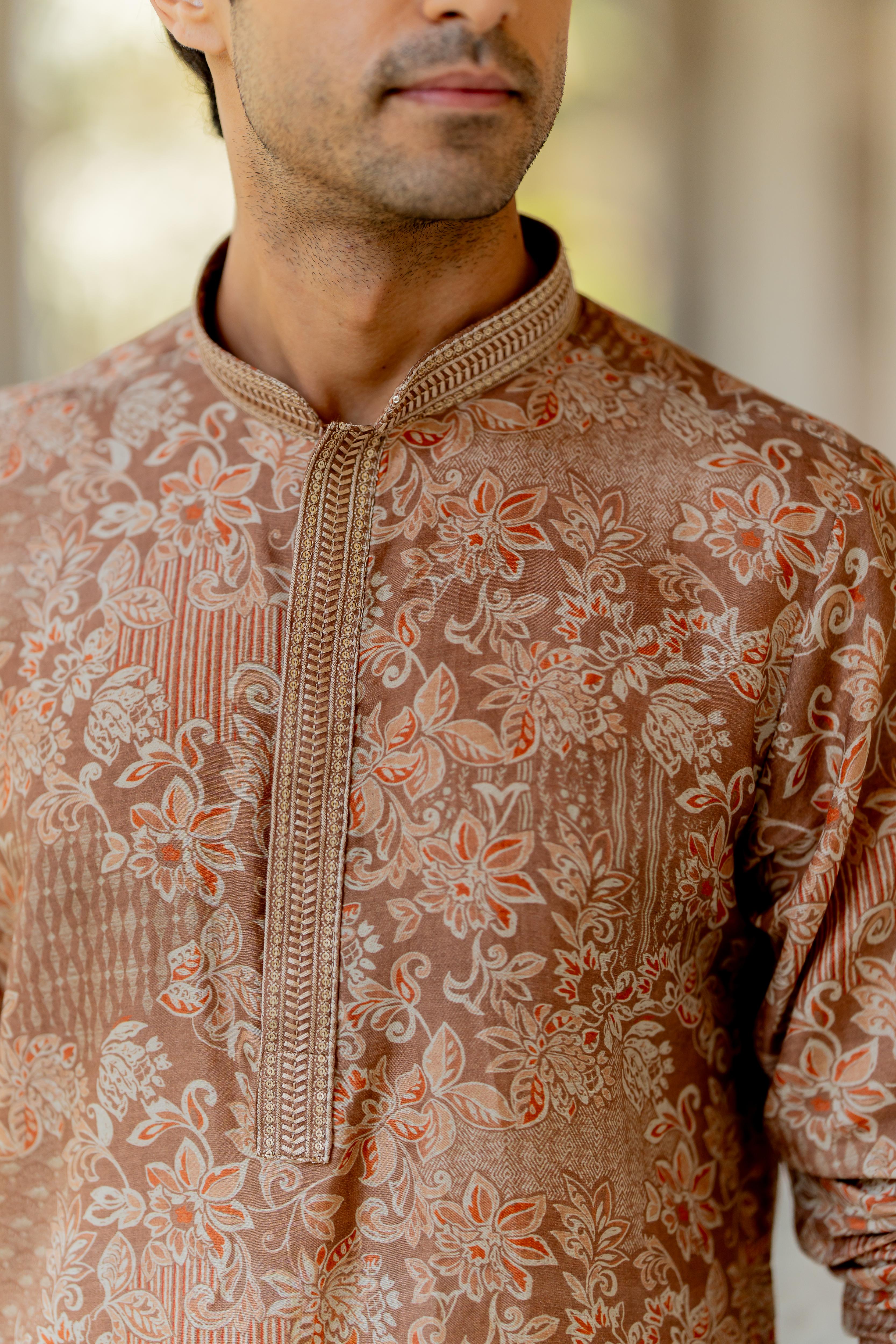 Soft Brown & Off White Digital Printed Kurta with Off White Pants