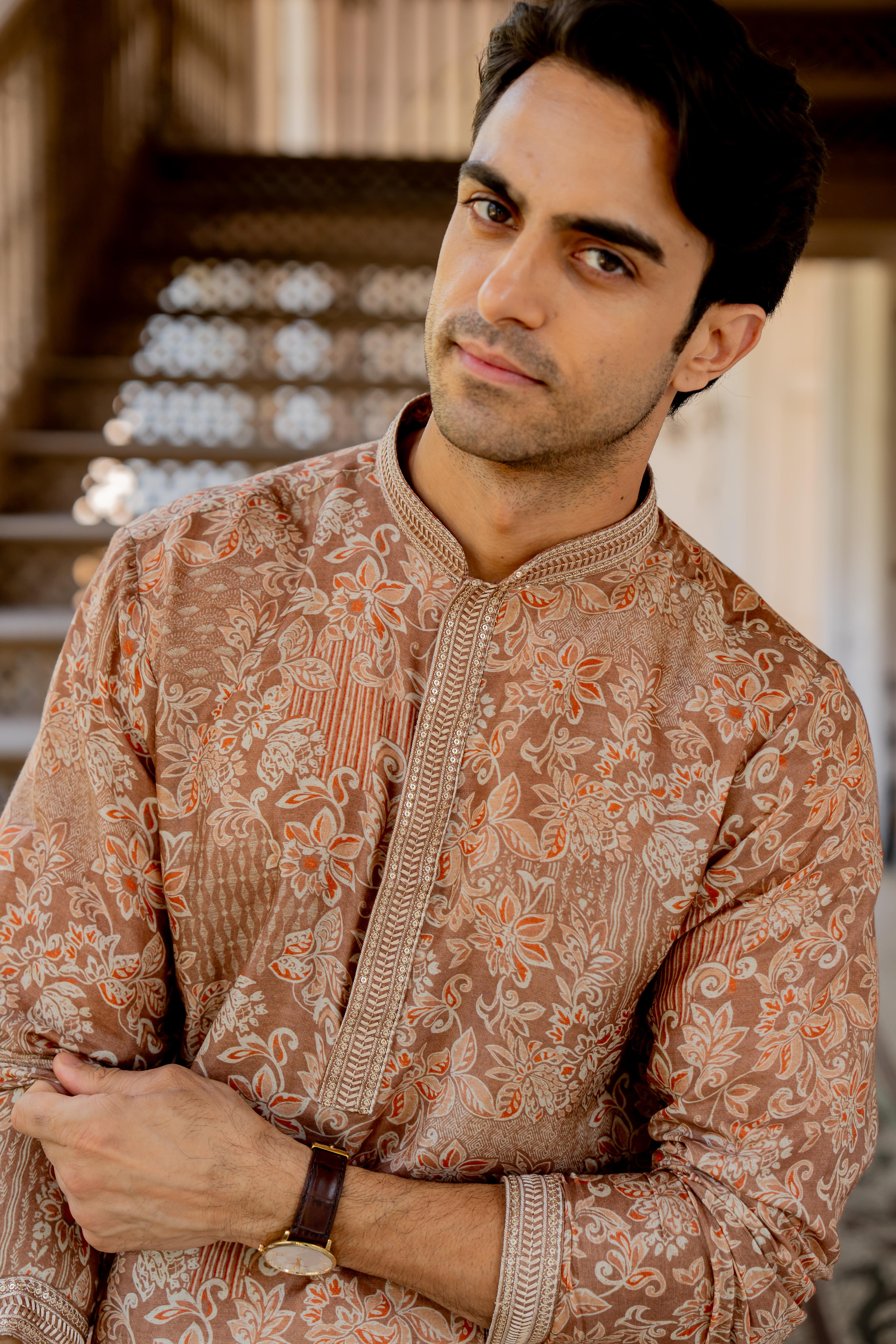 Soft Brown & Off White Digital Printed Kurta with Off White Pants