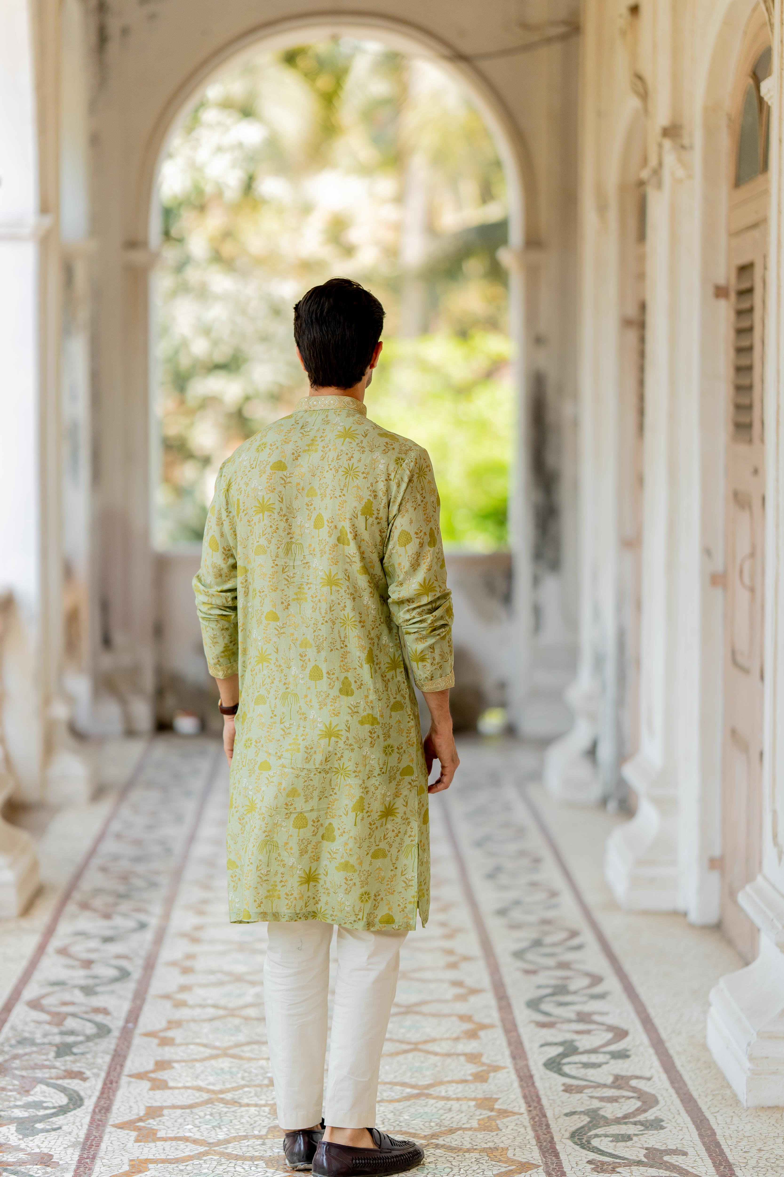 Olive Green Digital Printed Kurta with Off White Pants