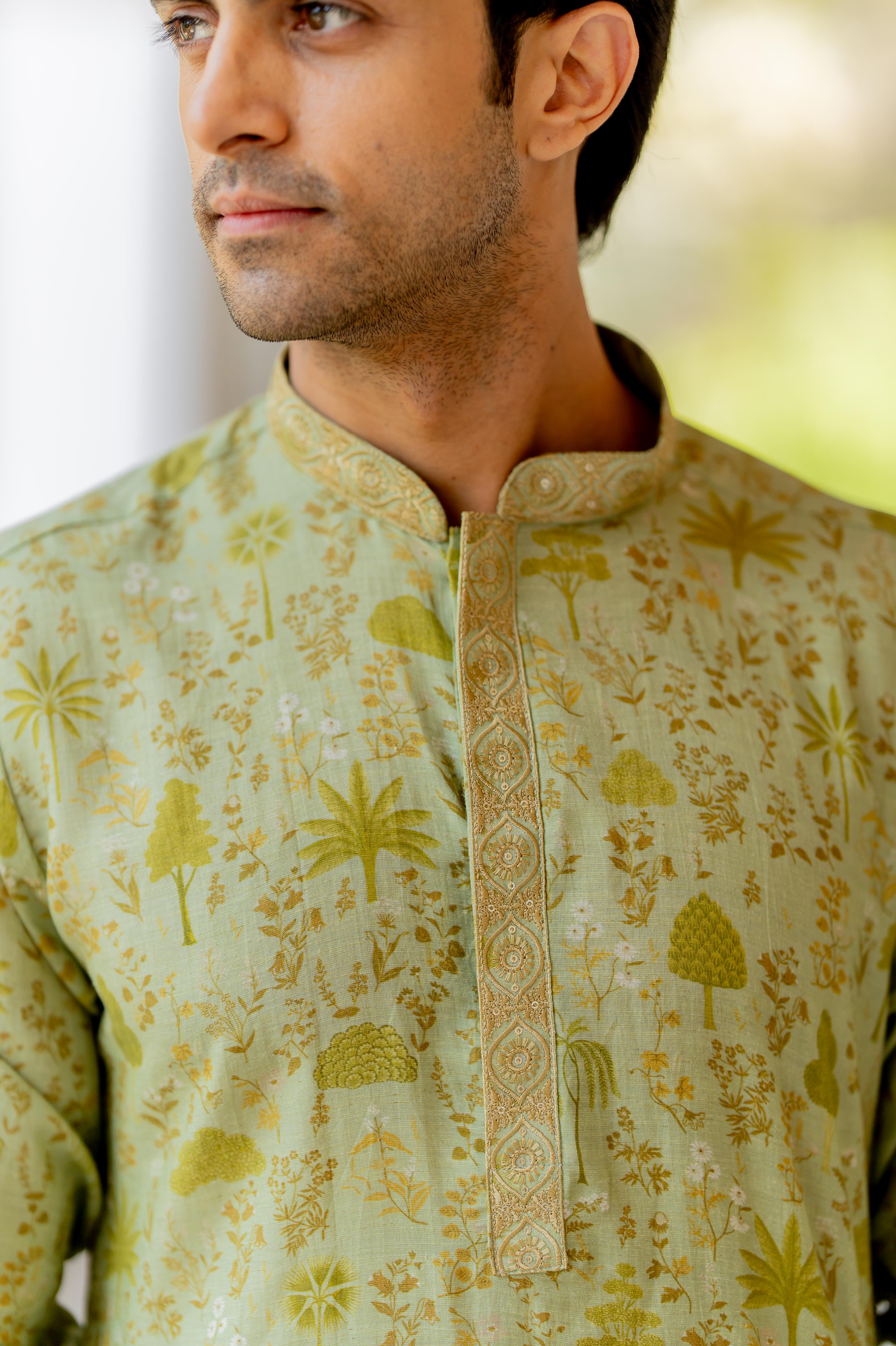 Olive Green Digital Printed Kurta with Off White Pants