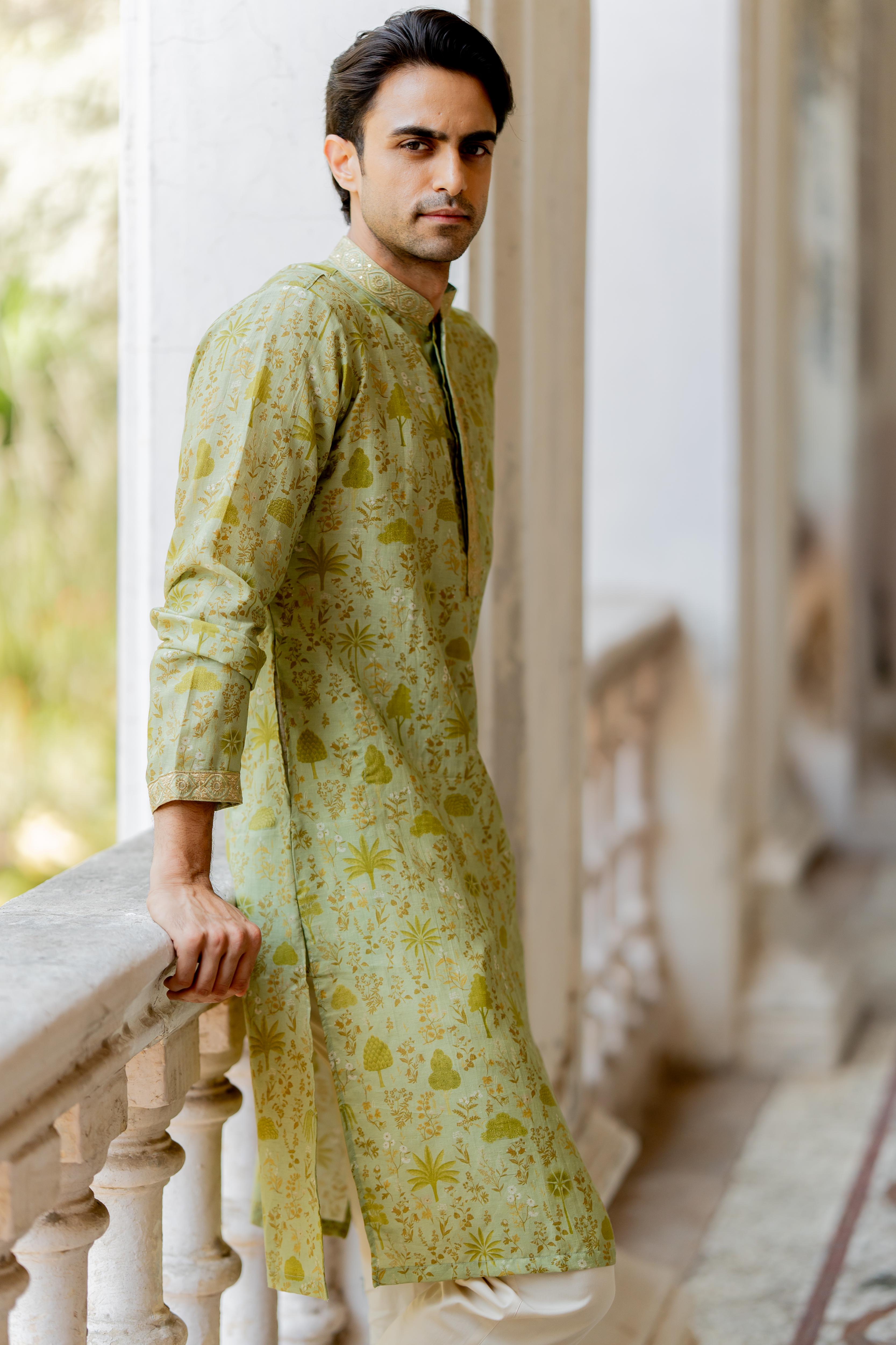 Olive Green Digital Printed Kurta with Off White Pants