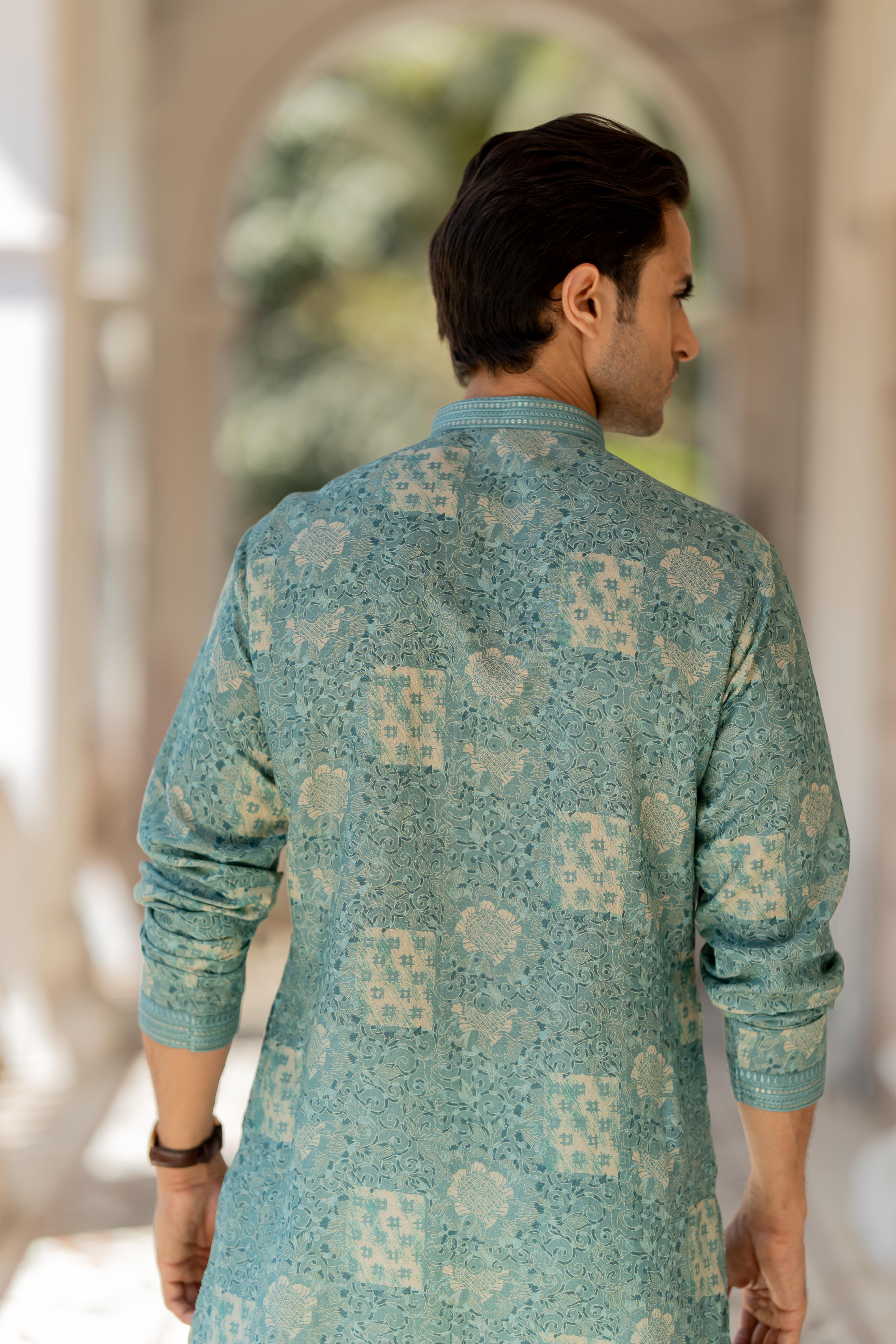 Cyan Digital Printed Kurta with Off White Pants