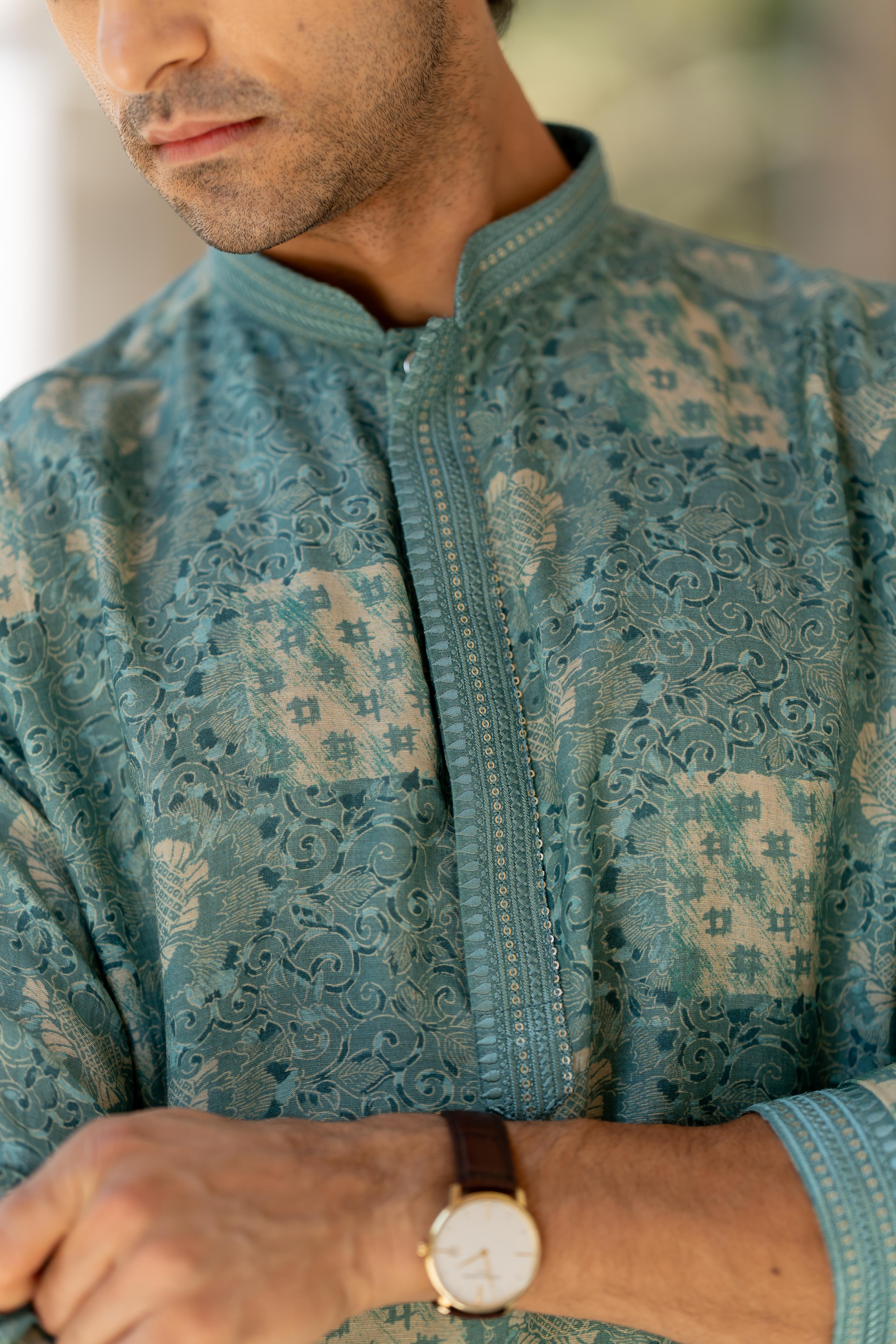 Cyan Digital Printed Kurta with Off White Pants