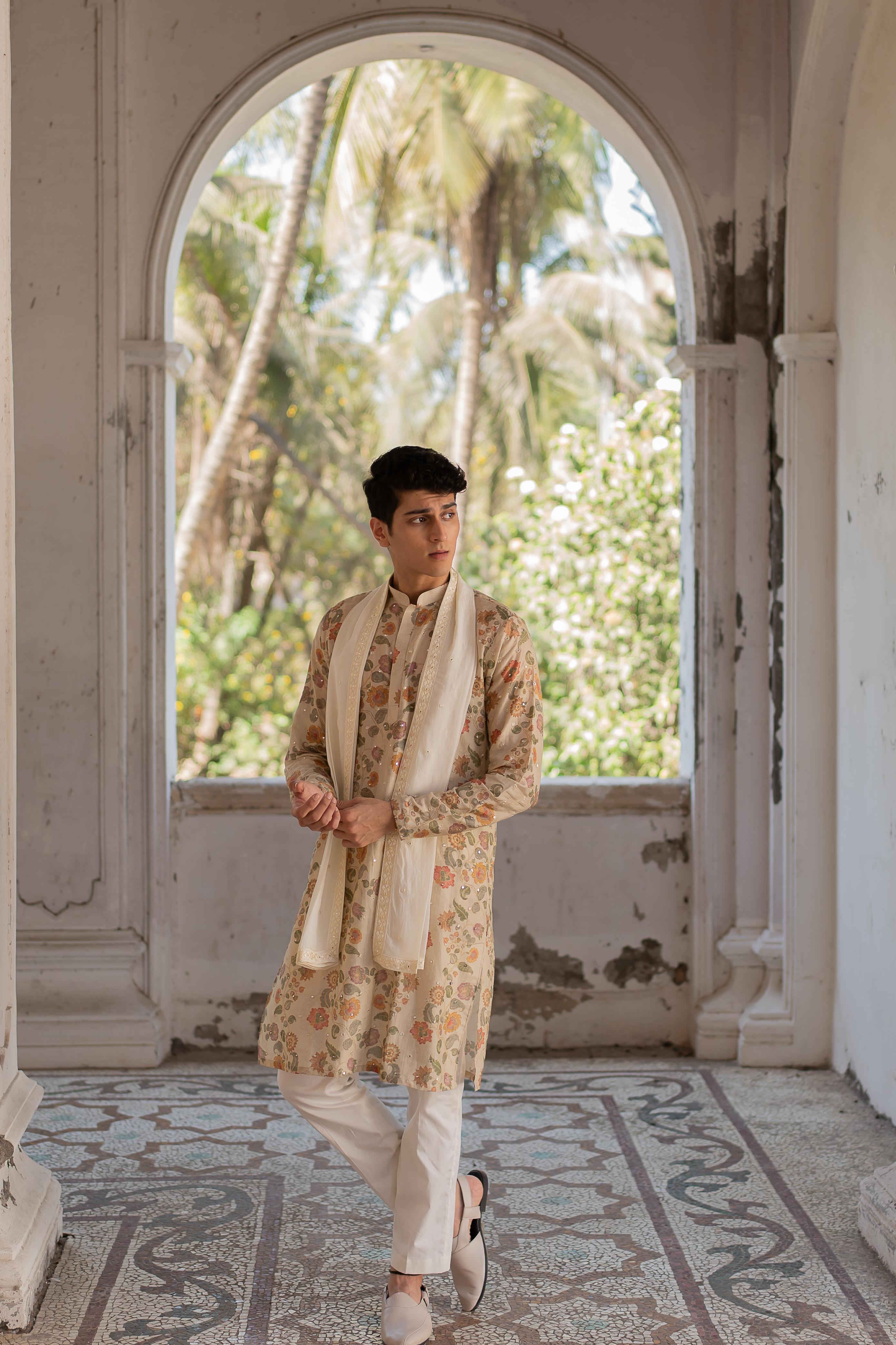 Beige Digital Printed Mirror Butti Work Kurta with Embroidered Off White Stole and Off White Pants