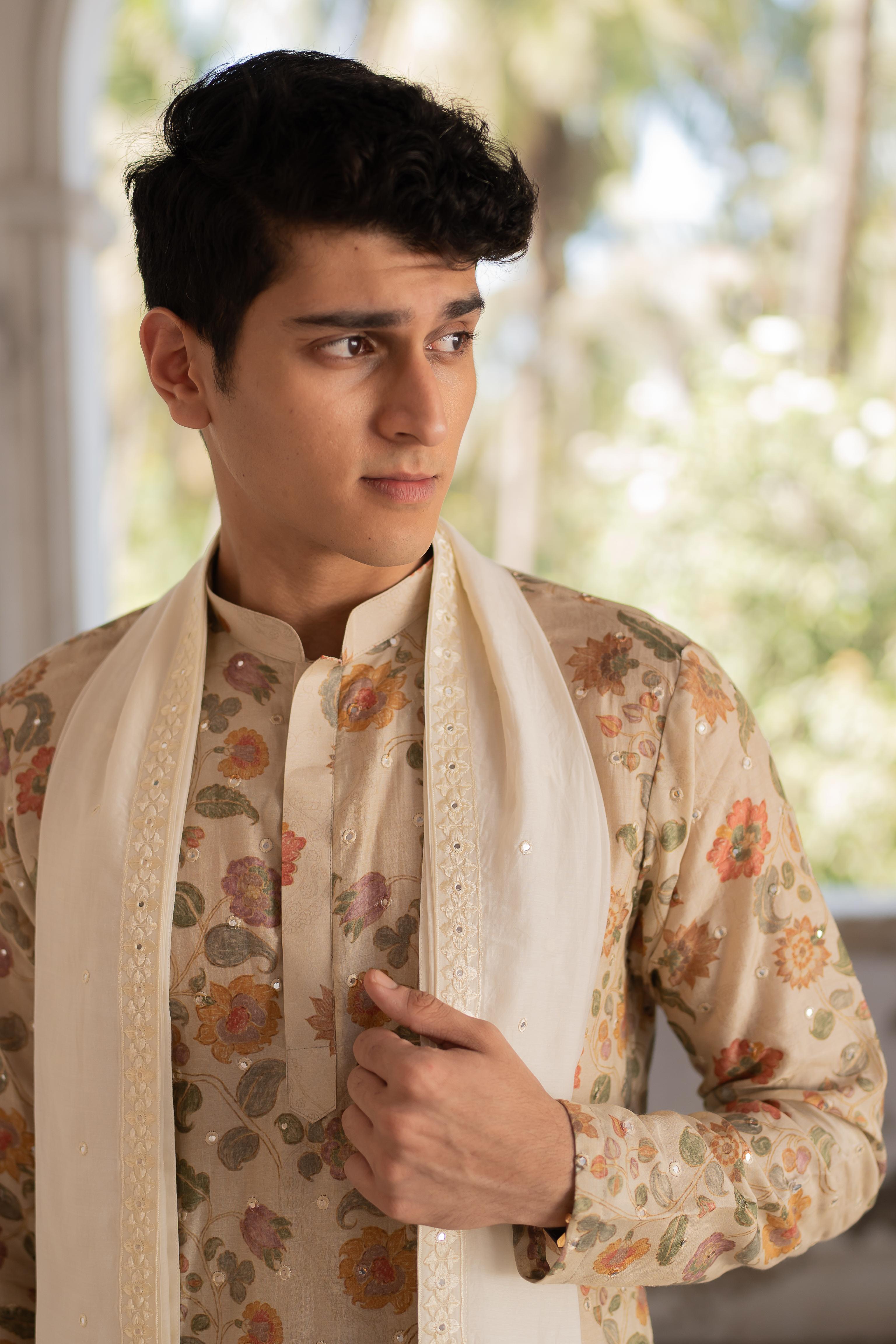 Beige Digital Printed Mirror Butti Work Kurta with Embroidered Off White Stole and Off White Pants