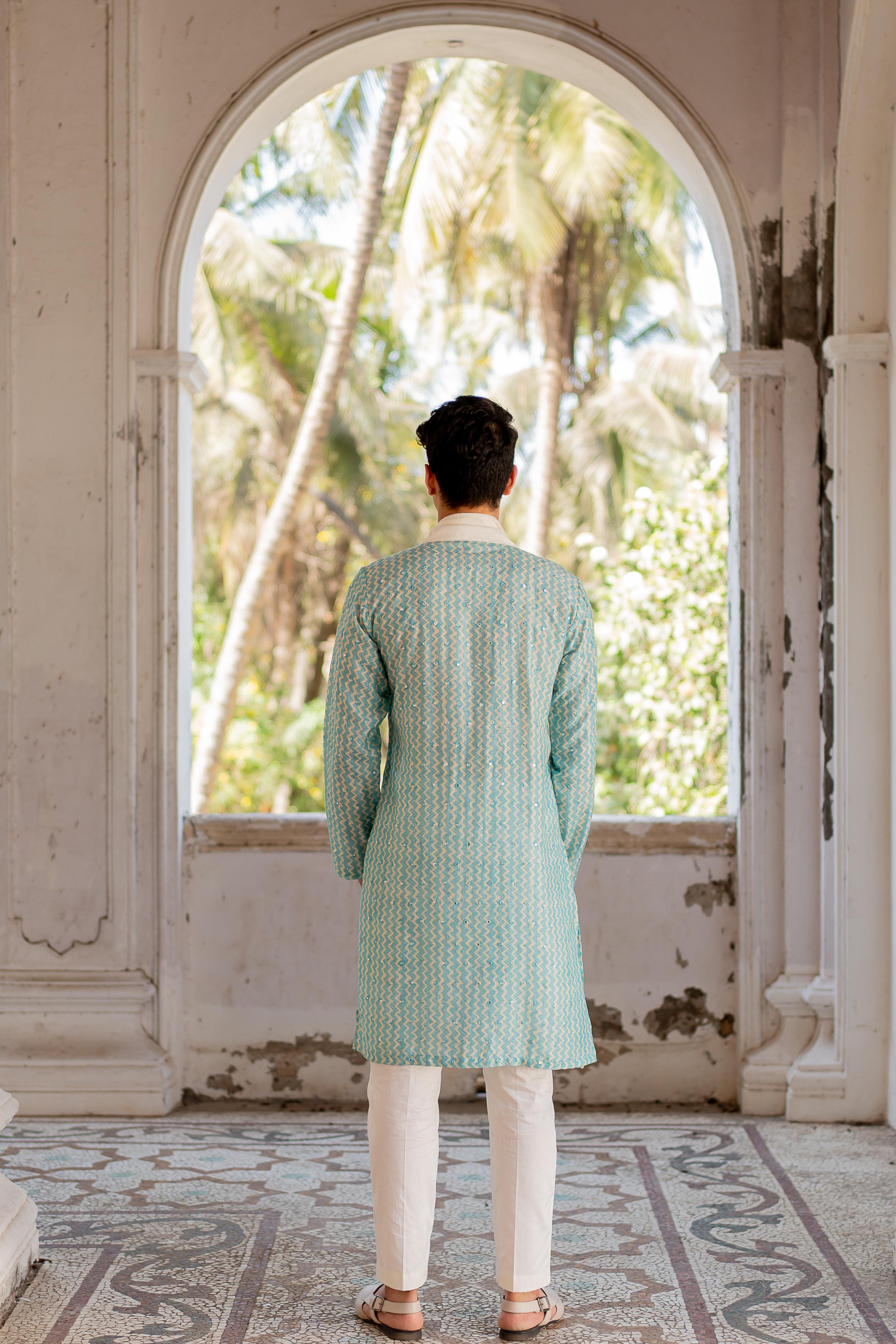 Sea Blue Digital Printed Mirror Butti Work Kurta with Embroidered Off White Stole and Off White Pants