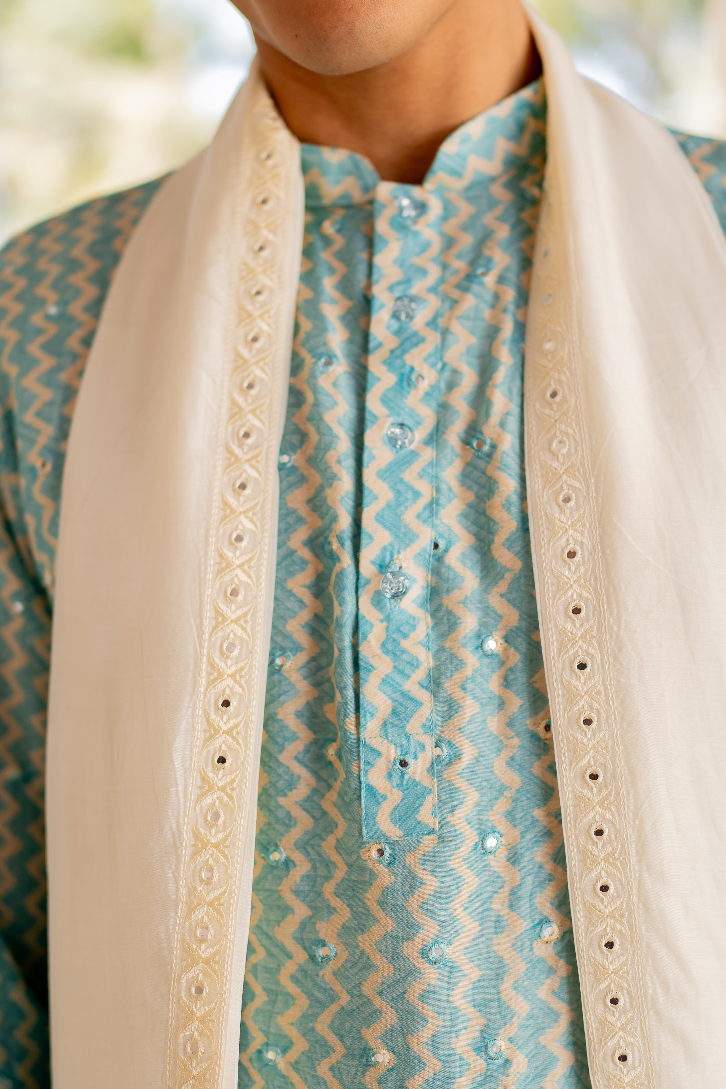 Sea Blue Digital Printed Mirror Butti Work Kurta with Embroidered Off White Stole and Off White Pants