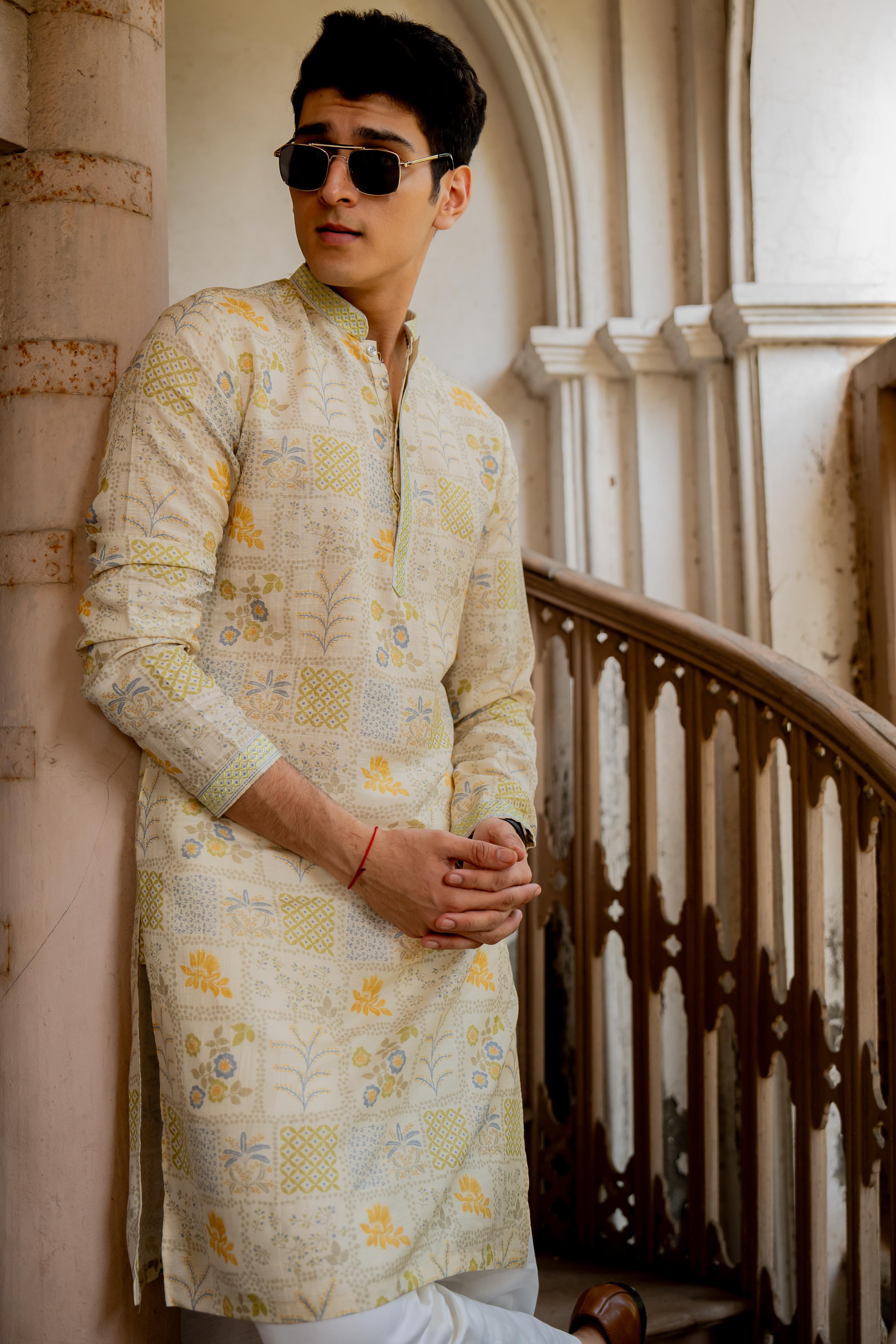 Beige Digital Printed Kurta with Off White Pants