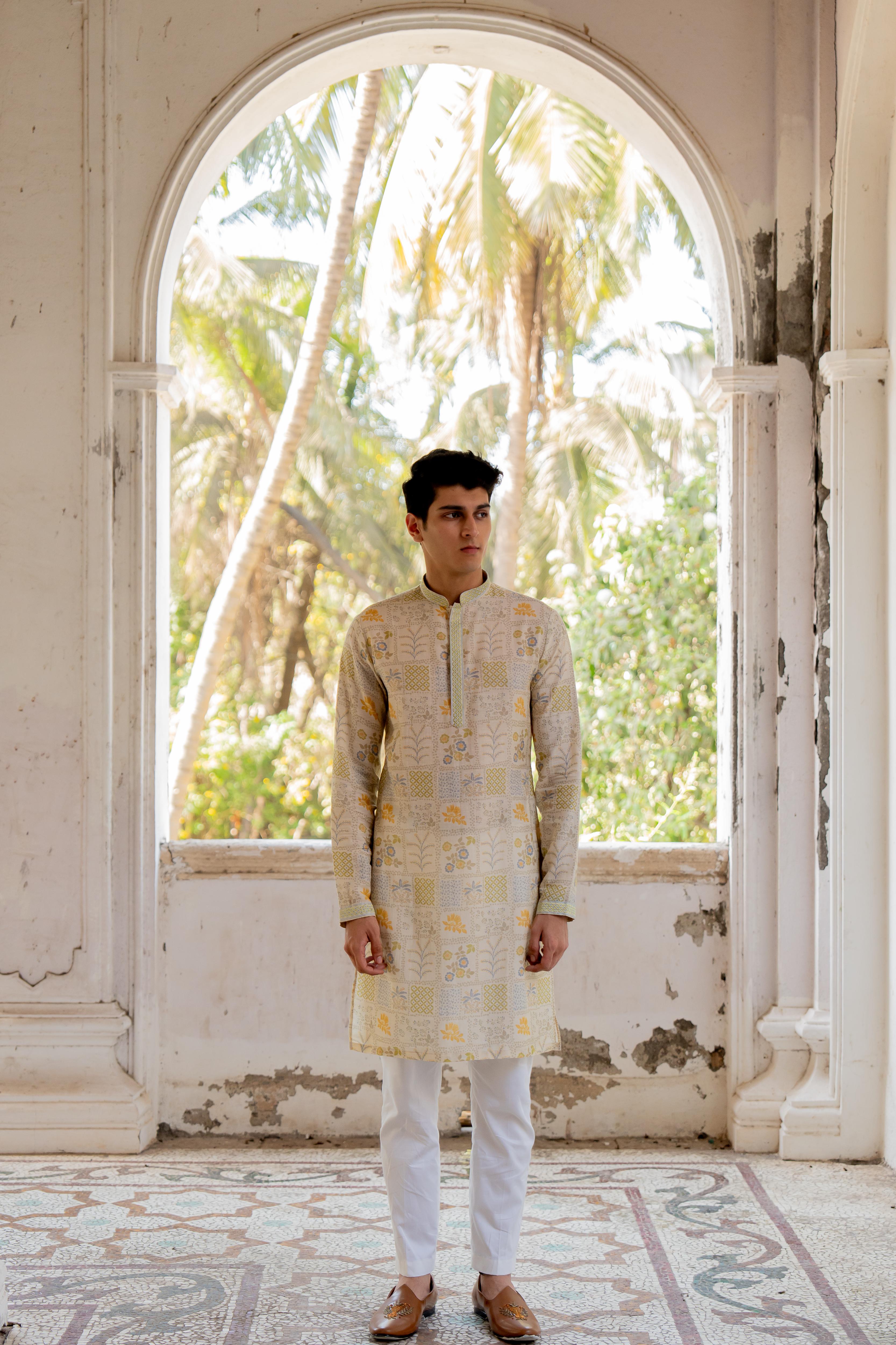 Beige Digital Printed Kurta with Off White Pants