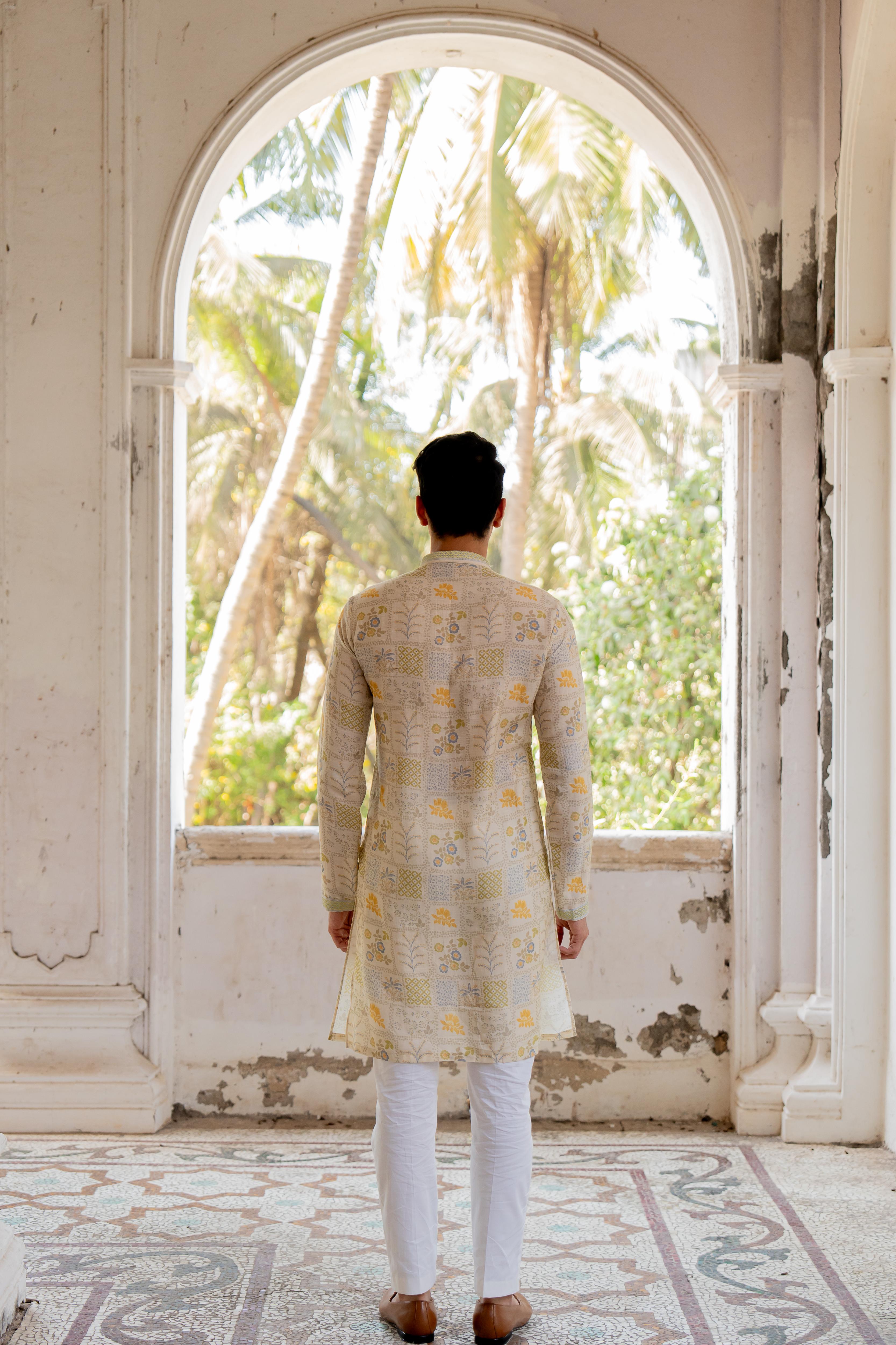 Beige Digital Printed Kurta with Off White Pants