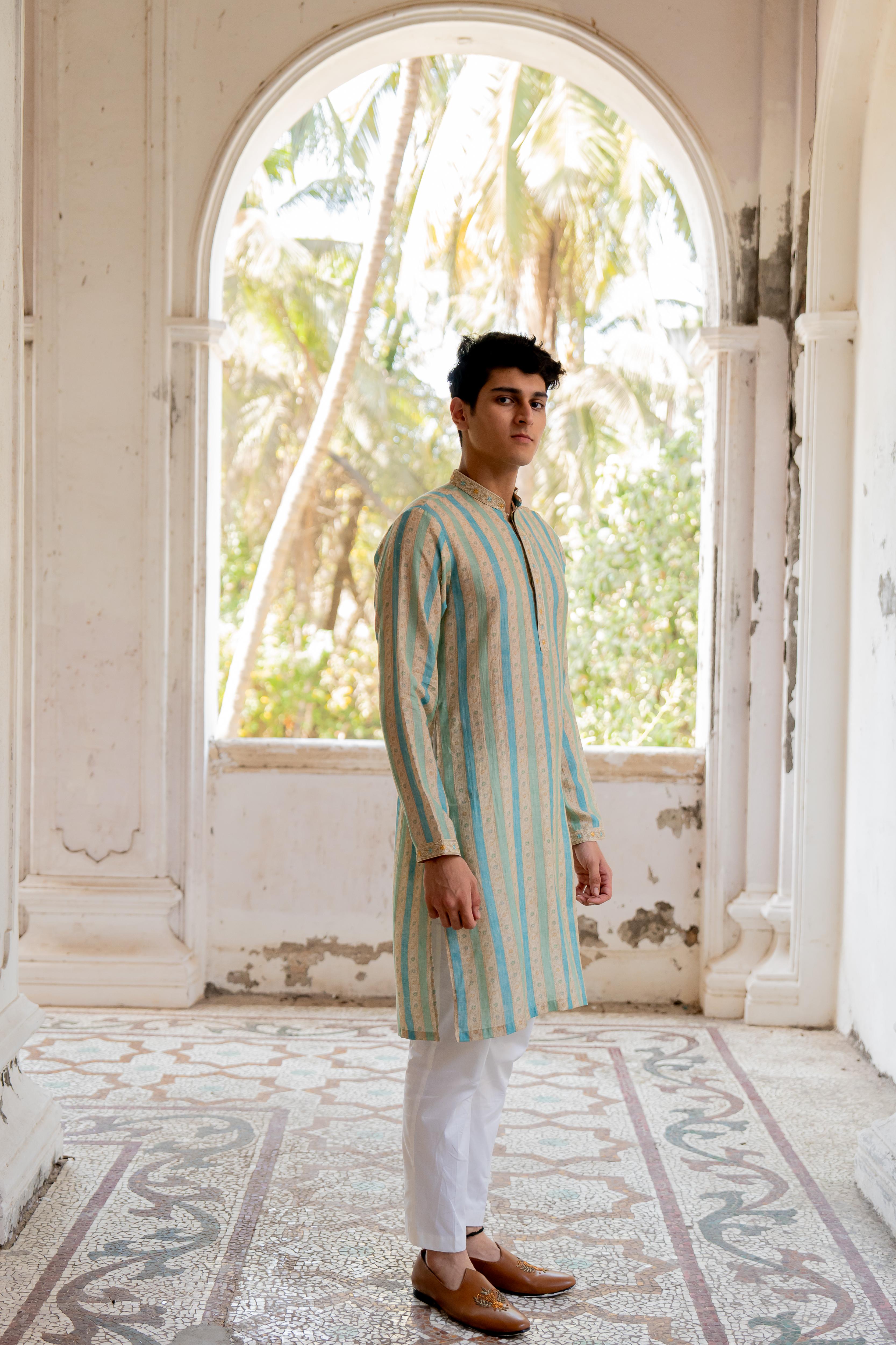 Beige & Blue Striped Digital Printed Kurta with Off White Pants