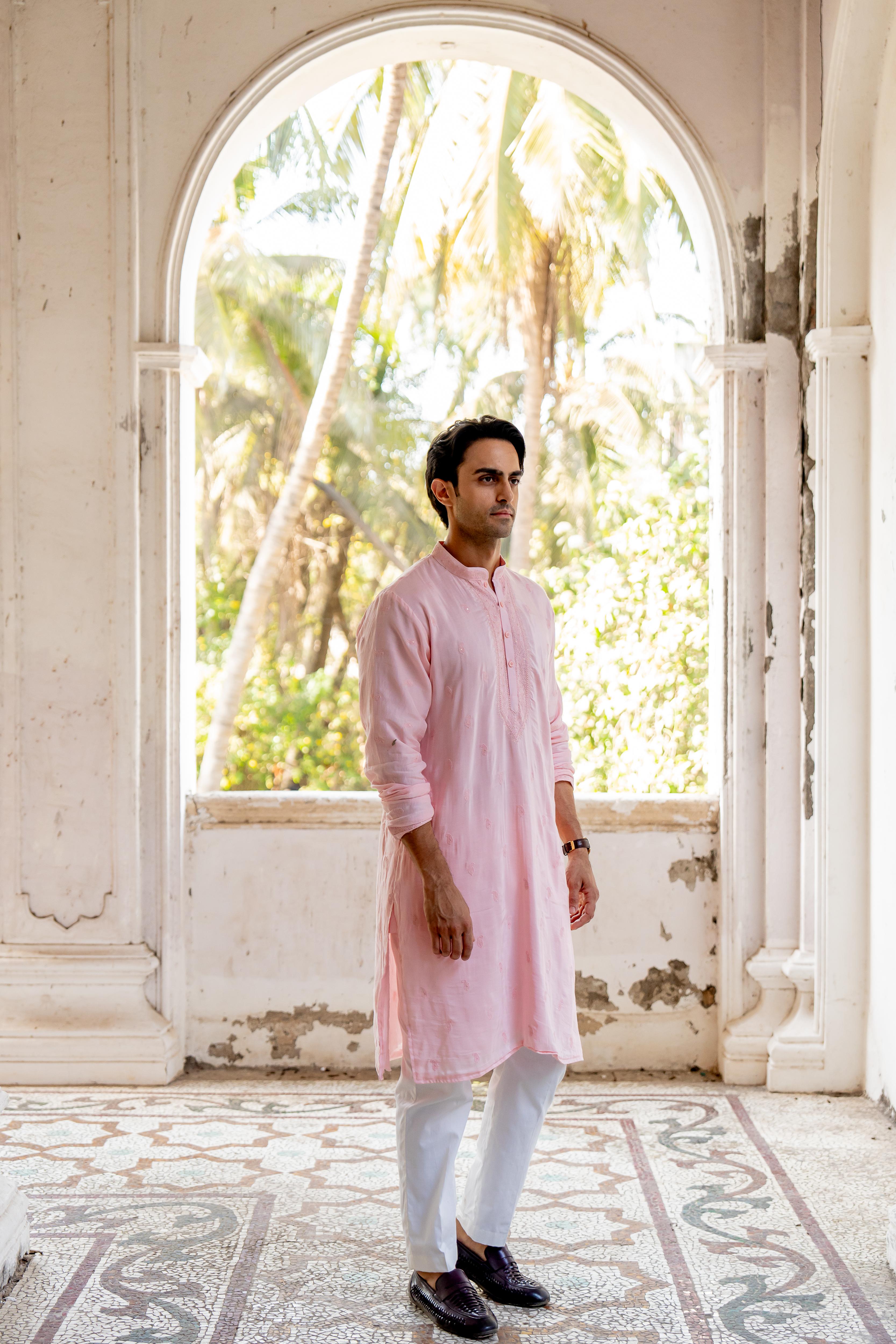 Baby Pink Embroidered Kurta with Off White Pants